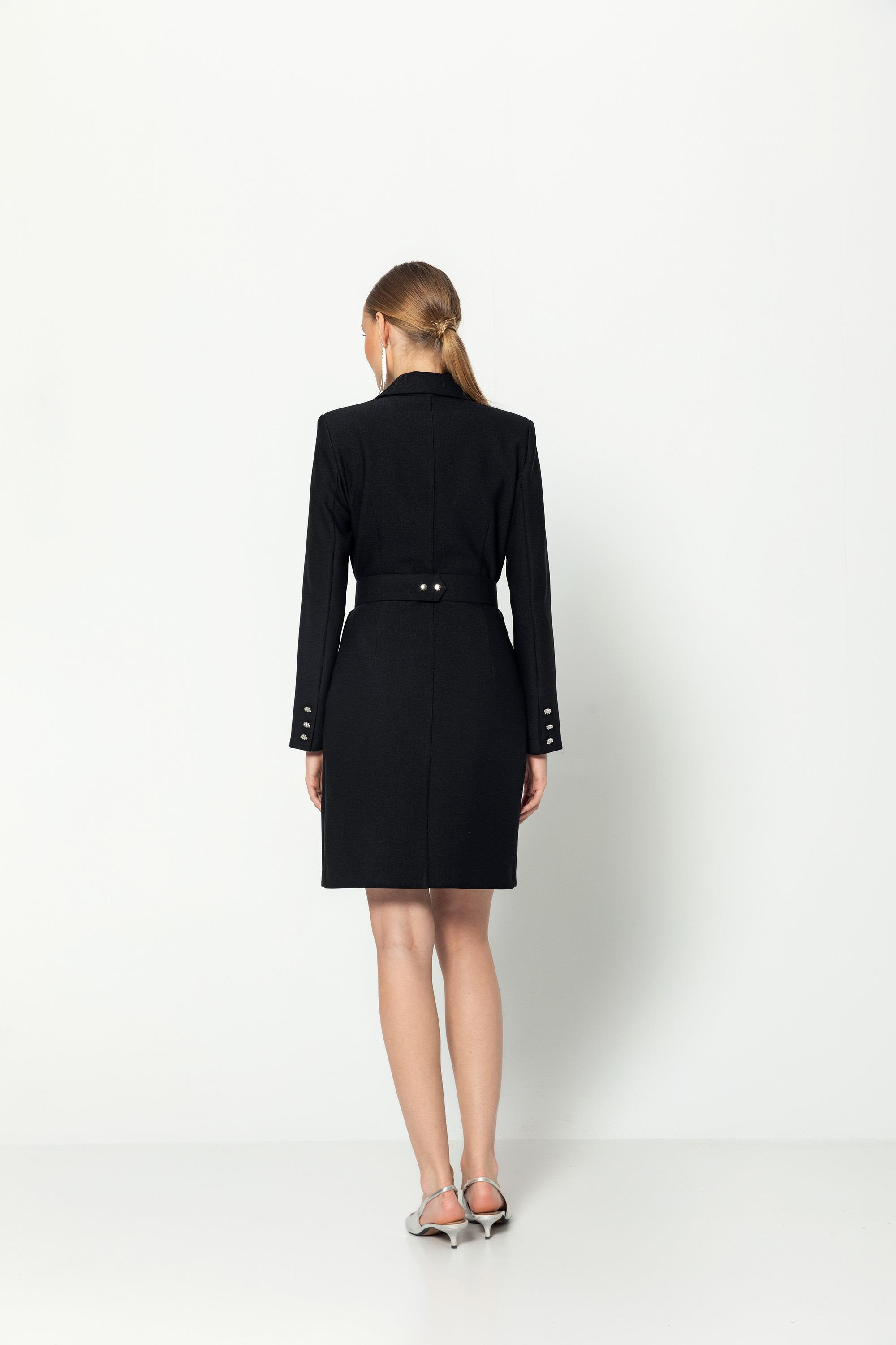 Taşlı Kemerli̇ Kruvaze Yaka Yarım Astarlı Ceket Elbi̇se Siyah