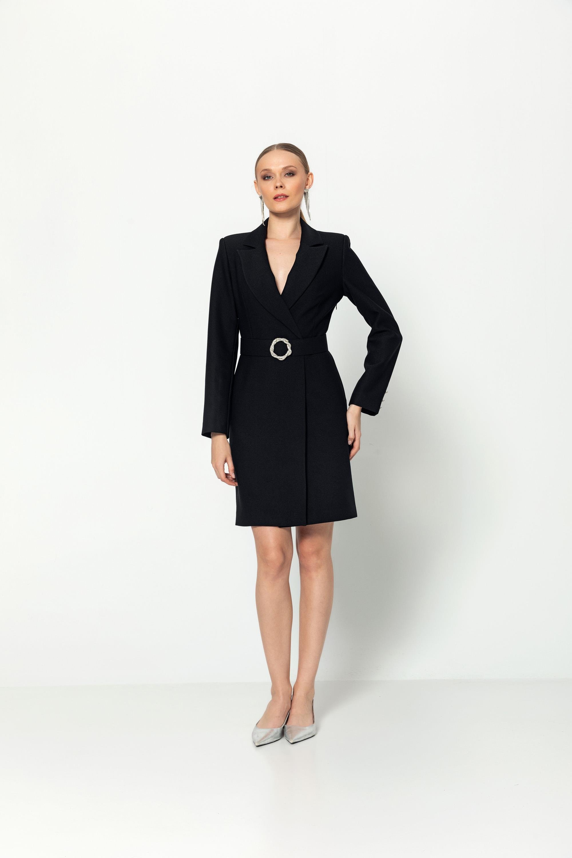 Taşlı Kemerli̇ Kruvaze Yaka Yarım Astarlı Ceket Elbi̇se Siyah