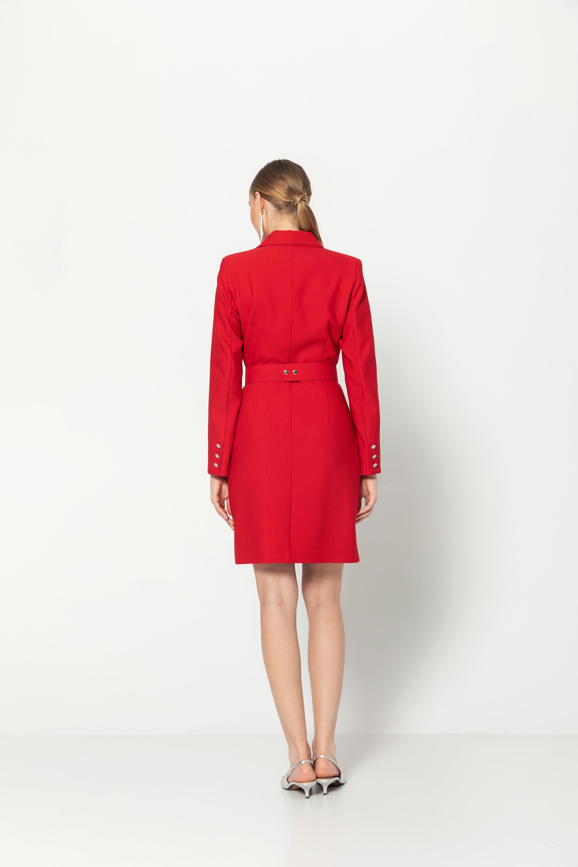 Taşlı Kemerli̇ Kruvaze Yaka Yarım Astarlı Ceket Elbi̇se Kırmızı