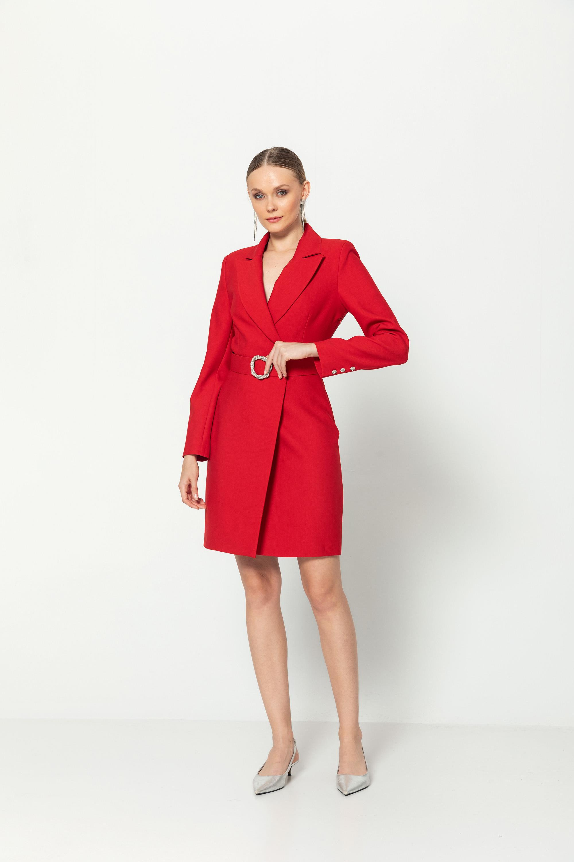 Taşlı Kemerli̇ Kruvaze Yaka Yarım Astarlı Ceket Elbi̇se Kırmızı