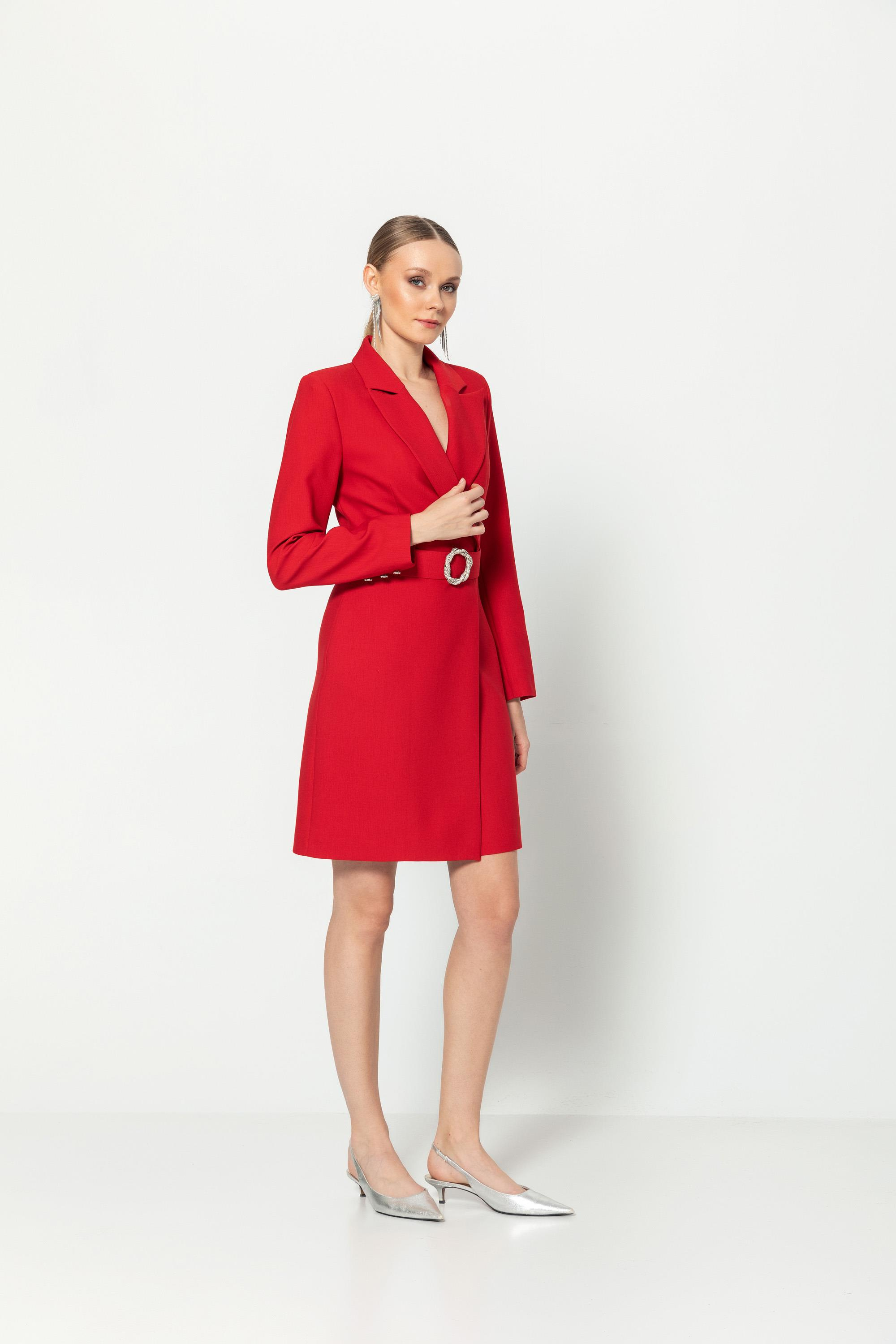 Taşlı Kemerli̇ Kruvaze Yaka Yarım Astarlı Ceket Elbi̇se Kırmızı
