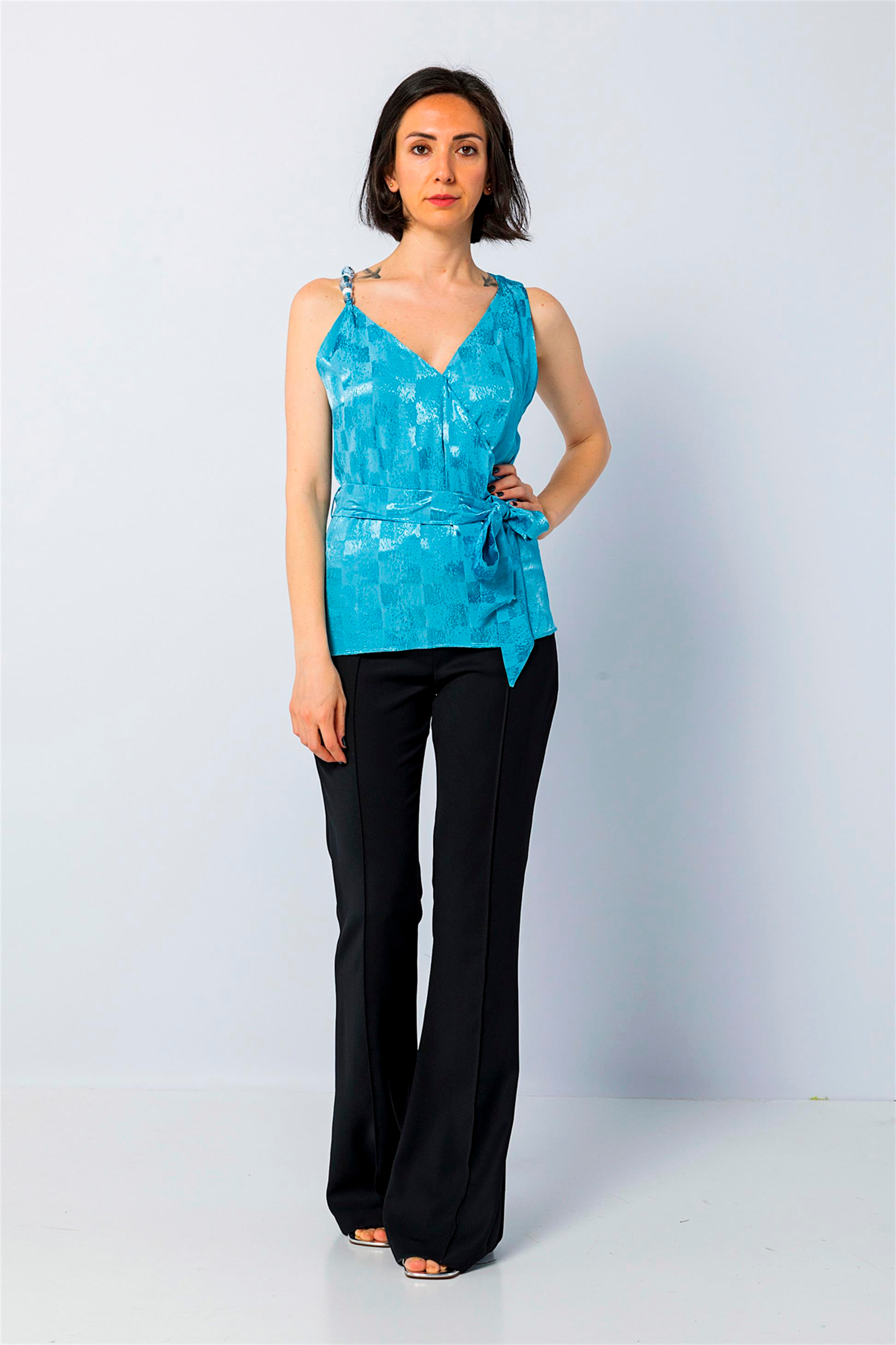 Single Shoulder Thin Strap Bead Detailed Belted Blouse Blue