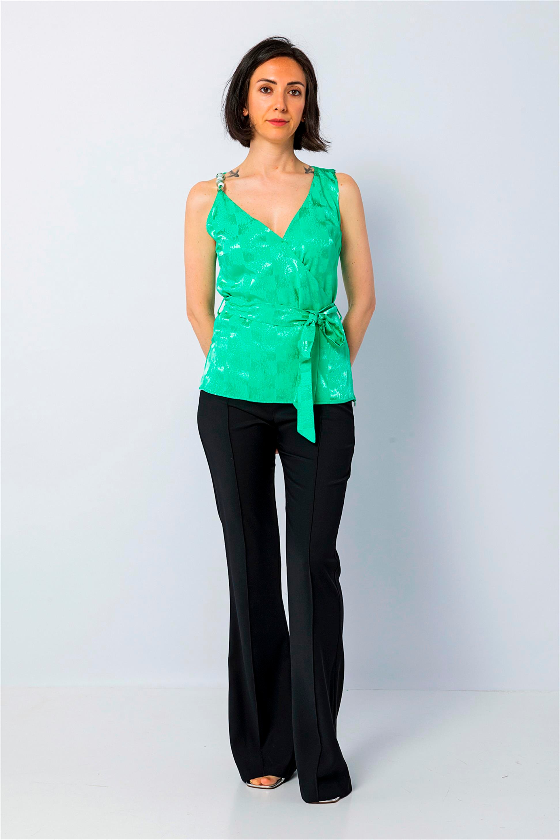 Single Shoulder Thin Strap Bead Detailed Belted Blouse Green