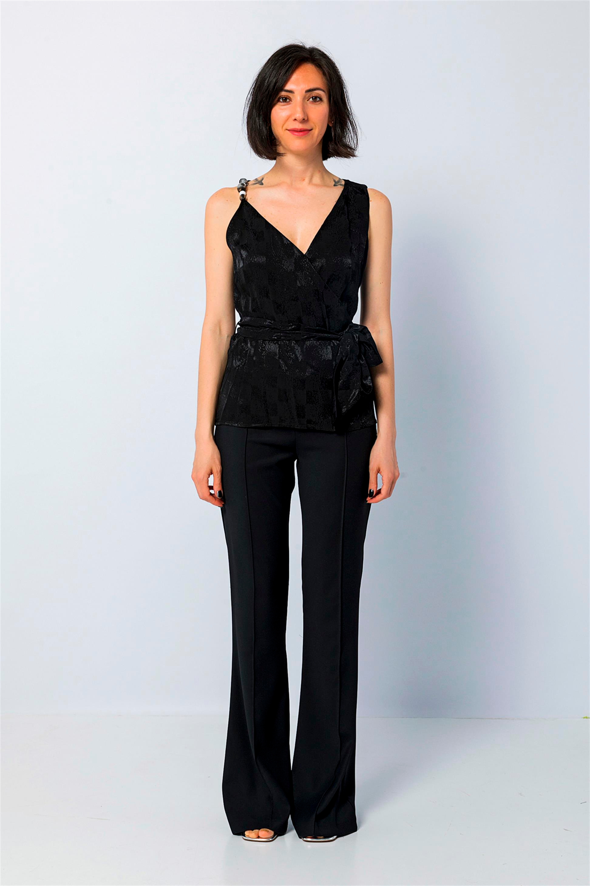 Single Shoulder Thin Strap Beaded Detailed Belted Blouse Black