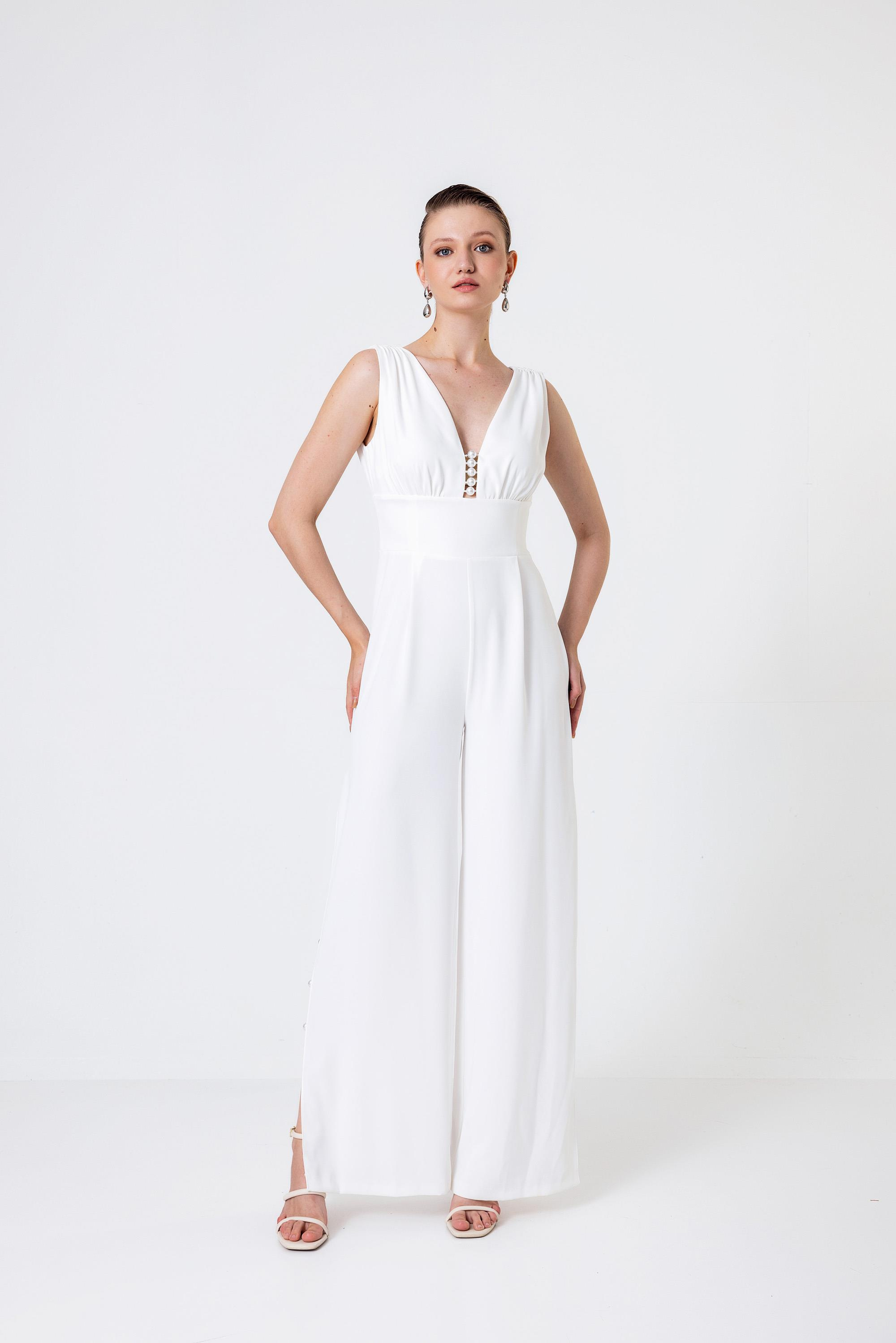 V Yaka İnci Detaylı Uzun Tulum Ecru