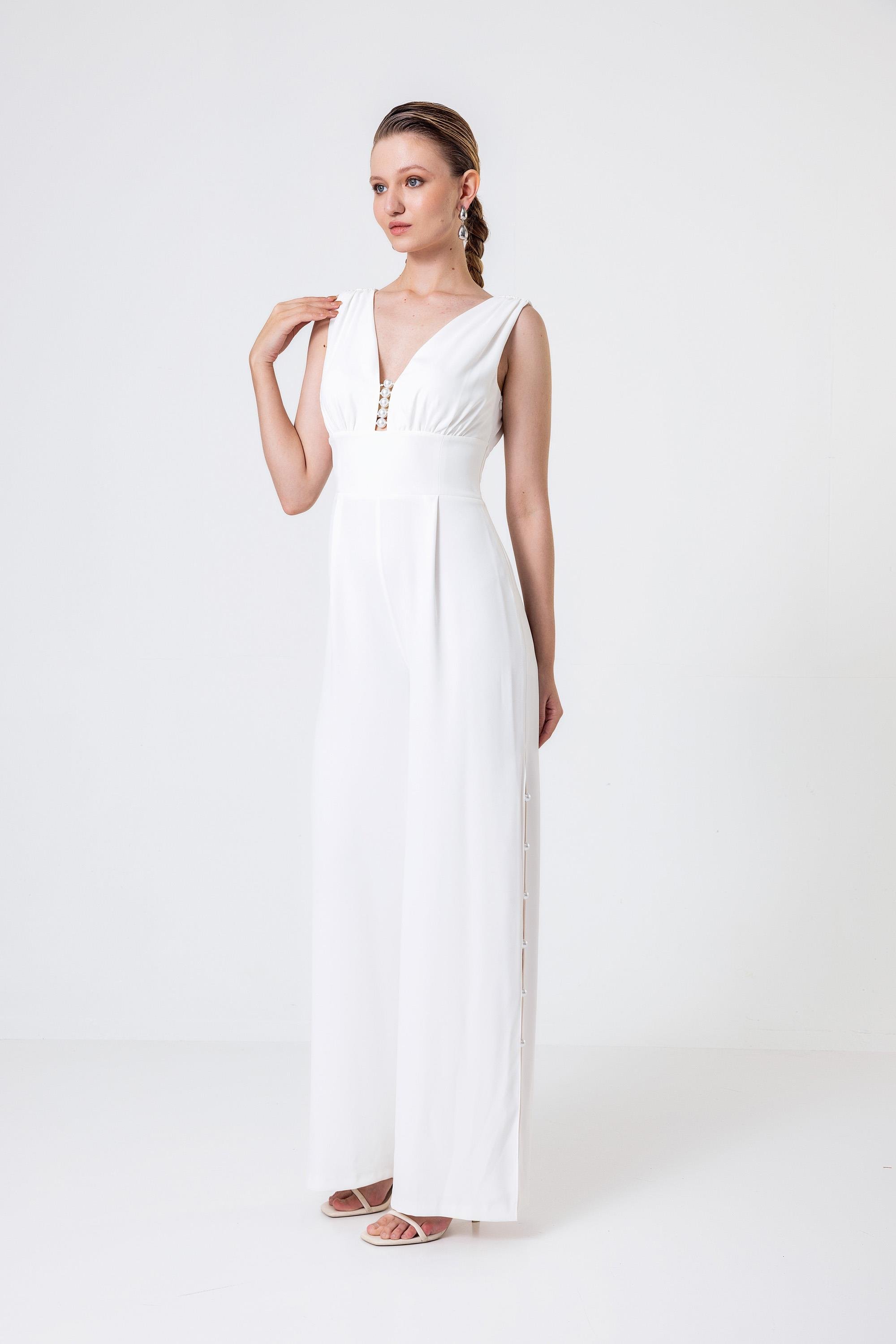 V Yaka İnci Detaylı Uzun Tulum Ecru