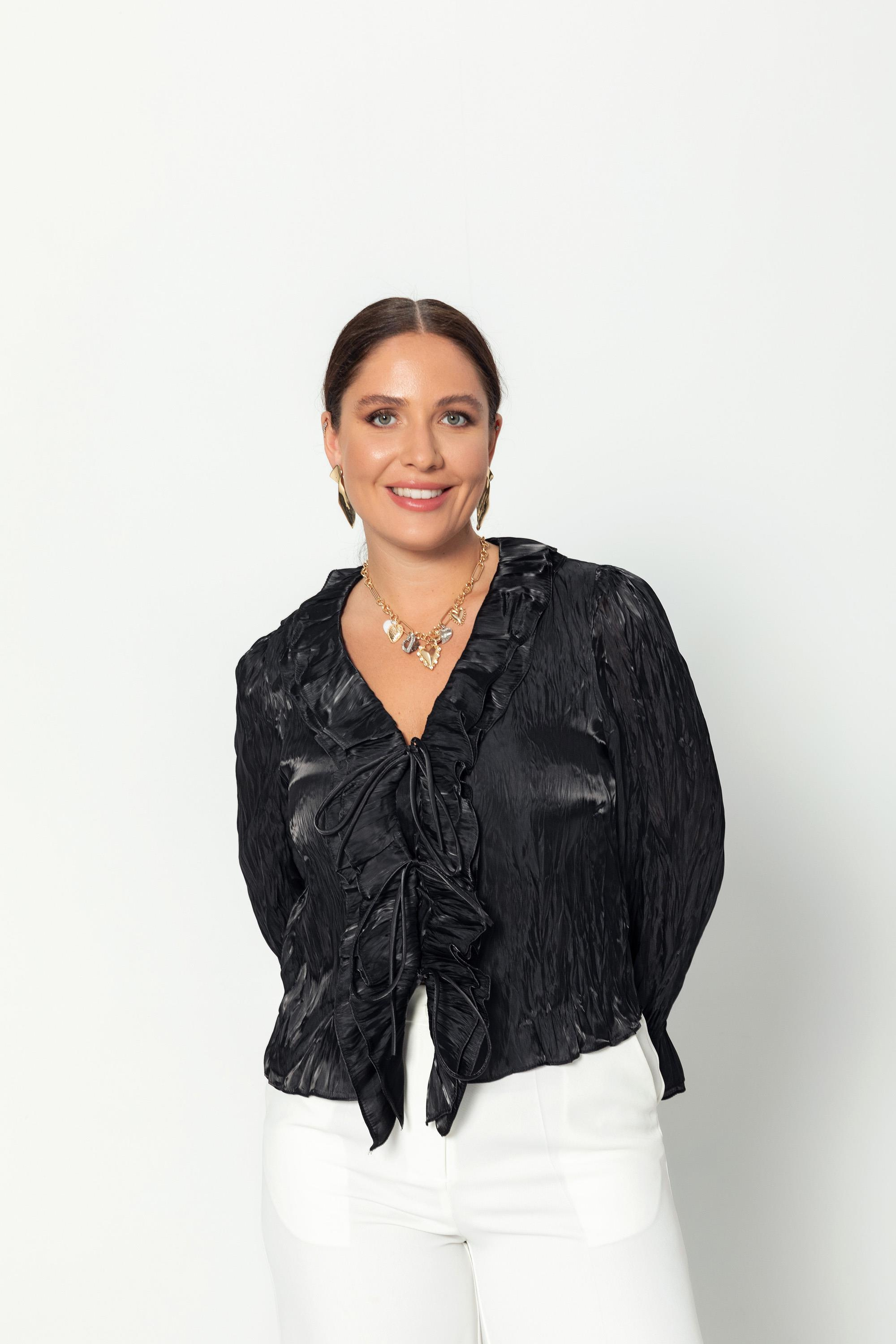 V Yaka Kraşlı Bağcıklı Uzun Kollu Bluz Siyah