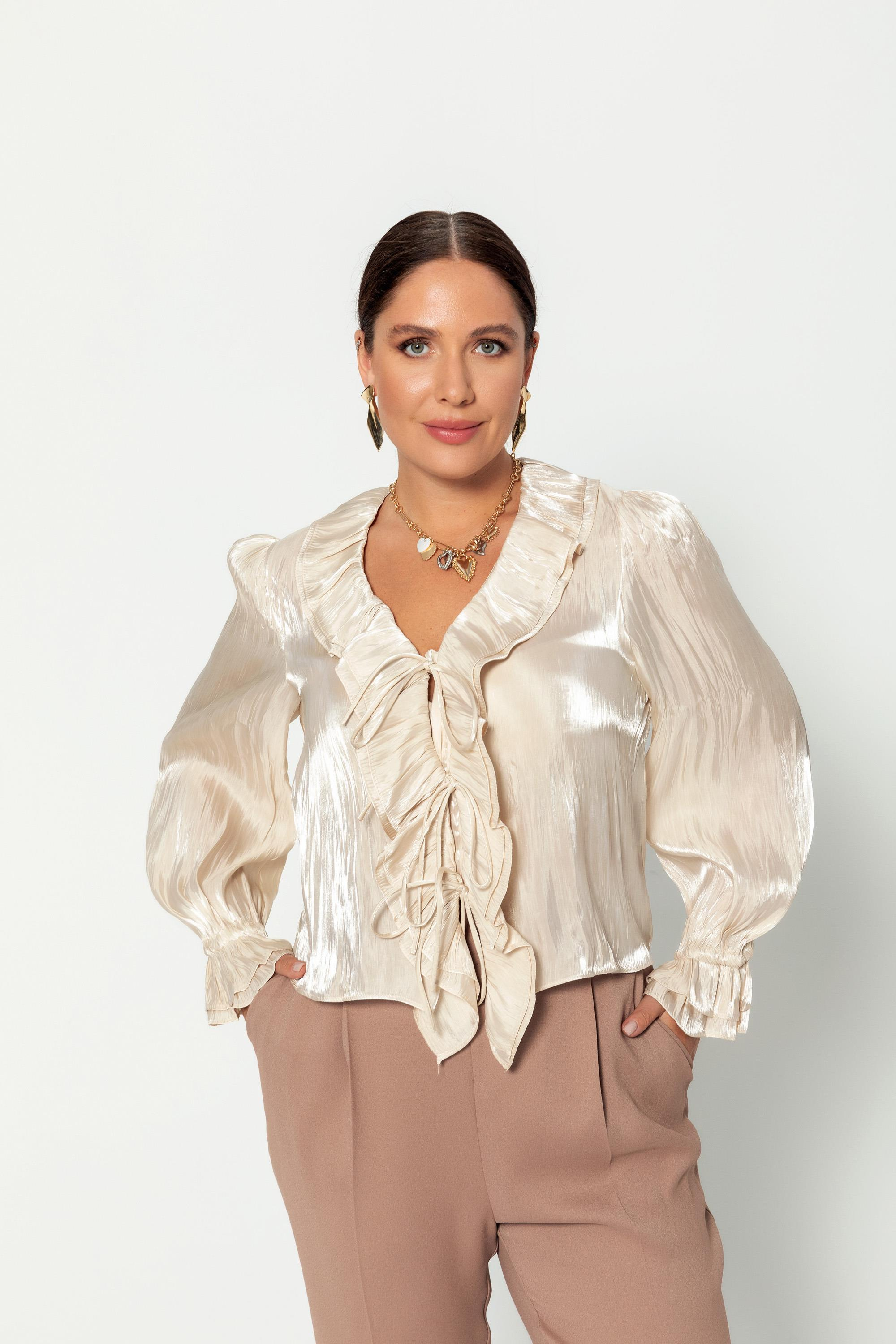 V Yaka Kraşlı Bağcıklı Uzun Kollu Bluz Bej