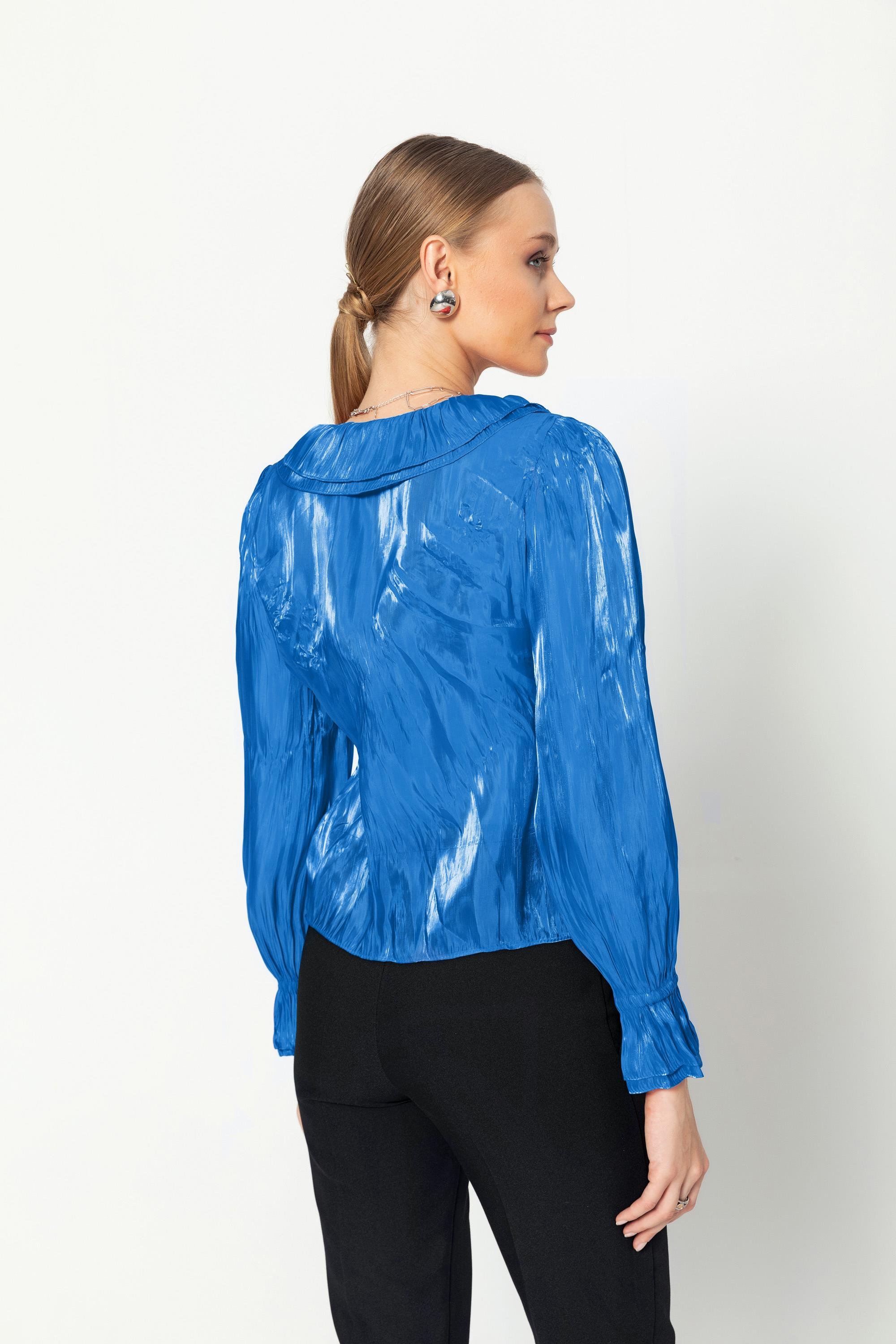 V Yaka Kraşli Bağcıklı Uzun Kollu Bluz Saks