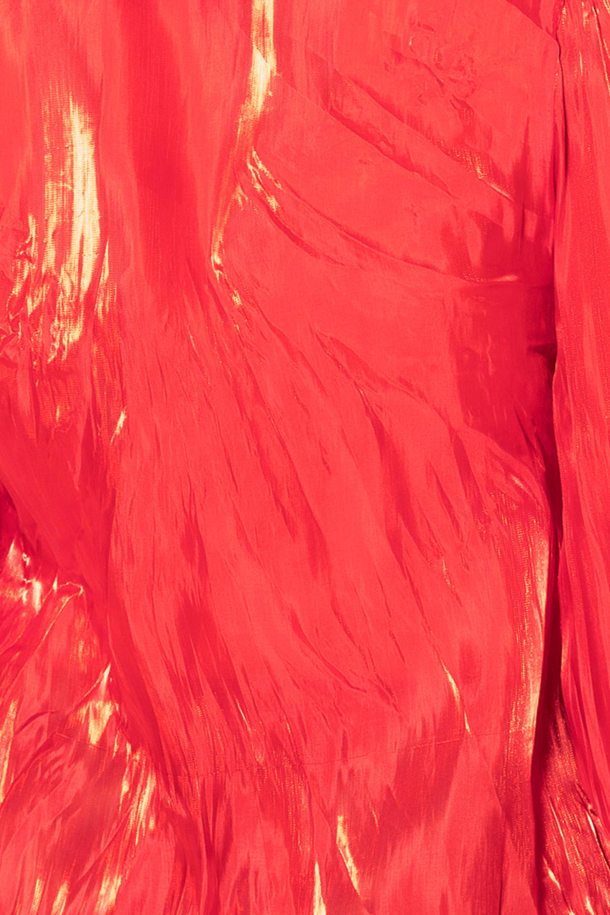 V Yaka Kraşli Bağcıklı Uzun Kollu Bluz Kırmızı