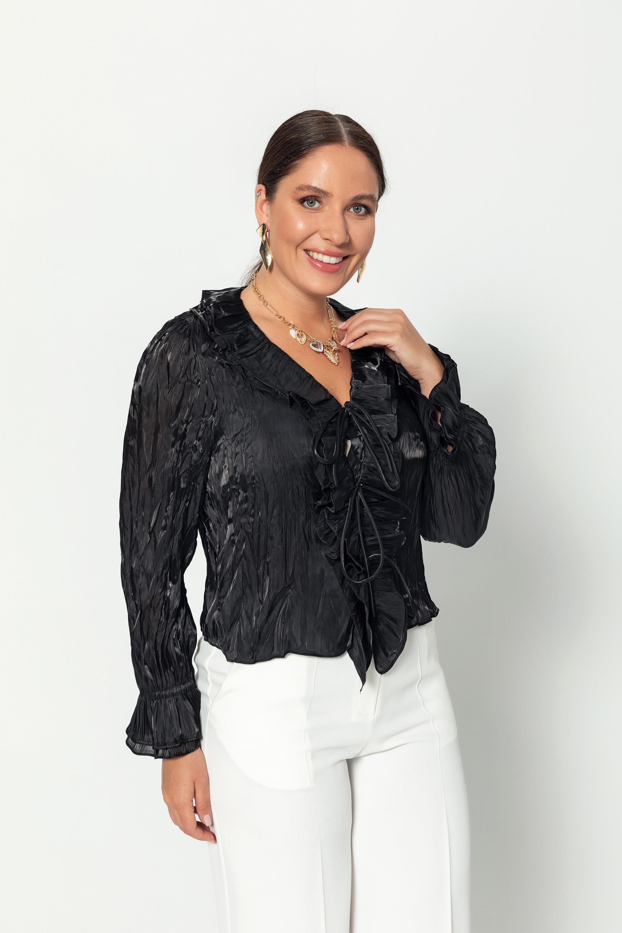 V Yaka Kraşlı Bağcıklı Uzun Kollu Bluz Siyah