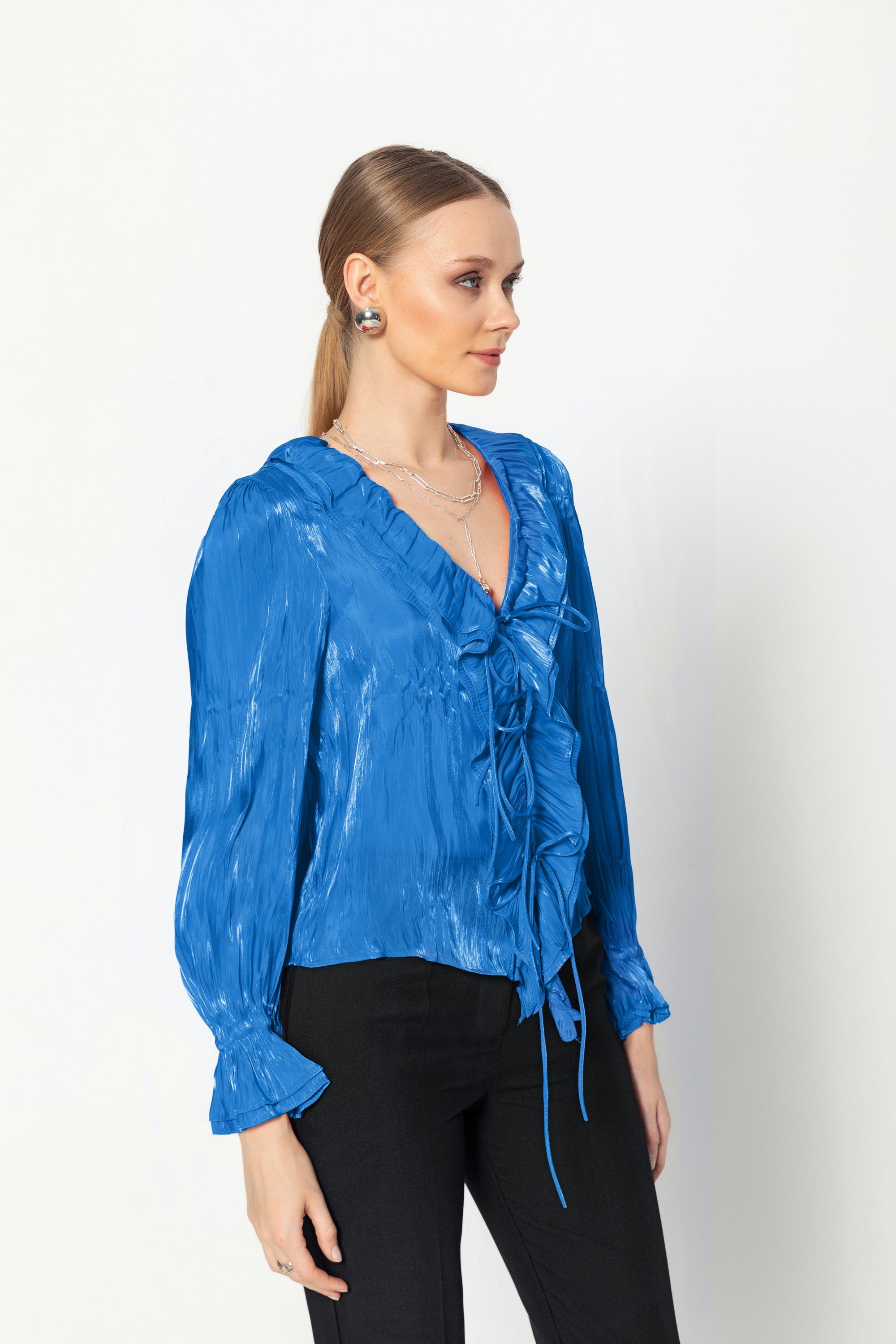 V Yaka Kraşli Bağcıklı Uzun Kollu Bluz Saks