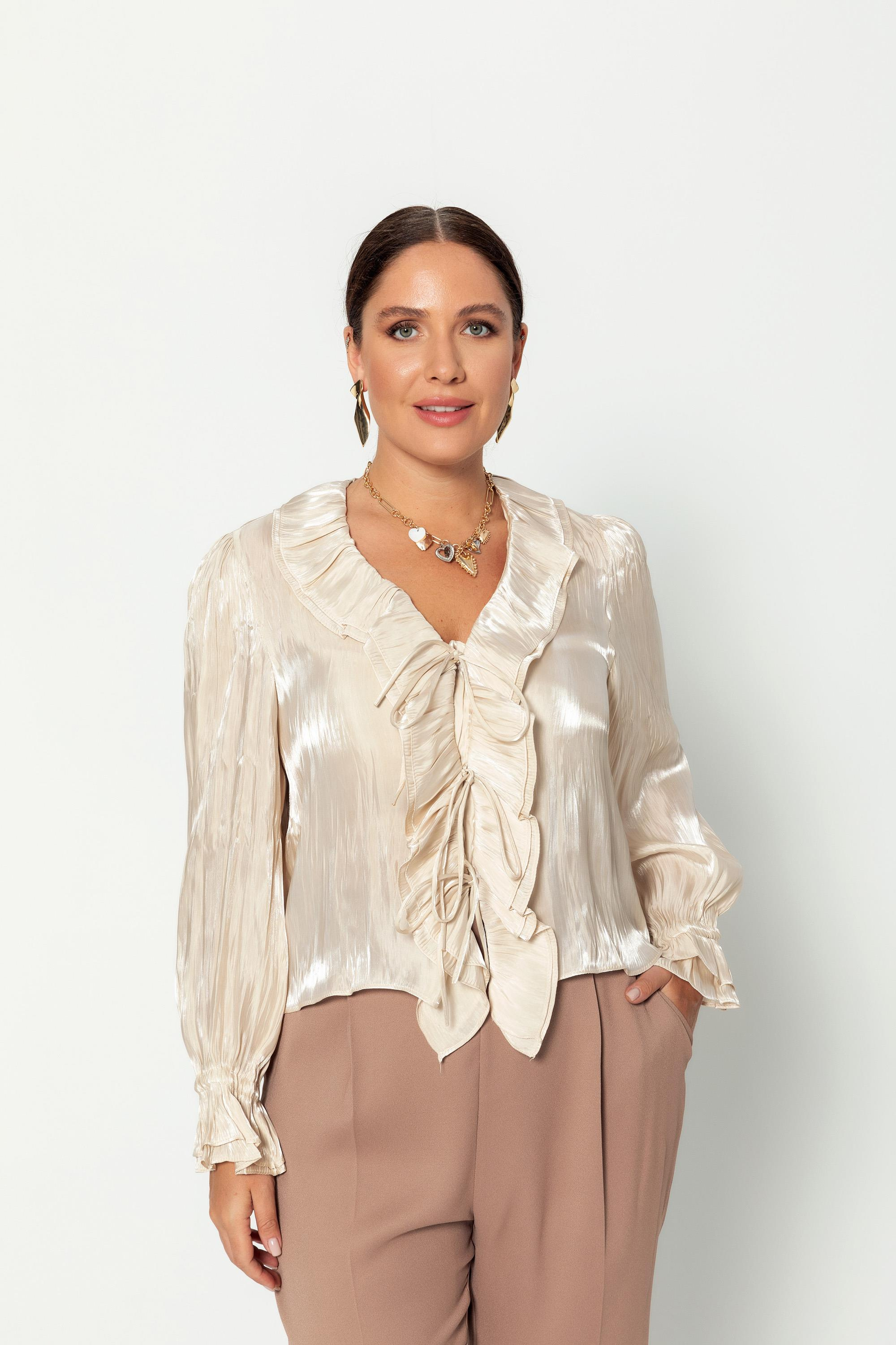 V Yaka Kraşlı Bağcıklı Uzun Kollu Bluz Bej