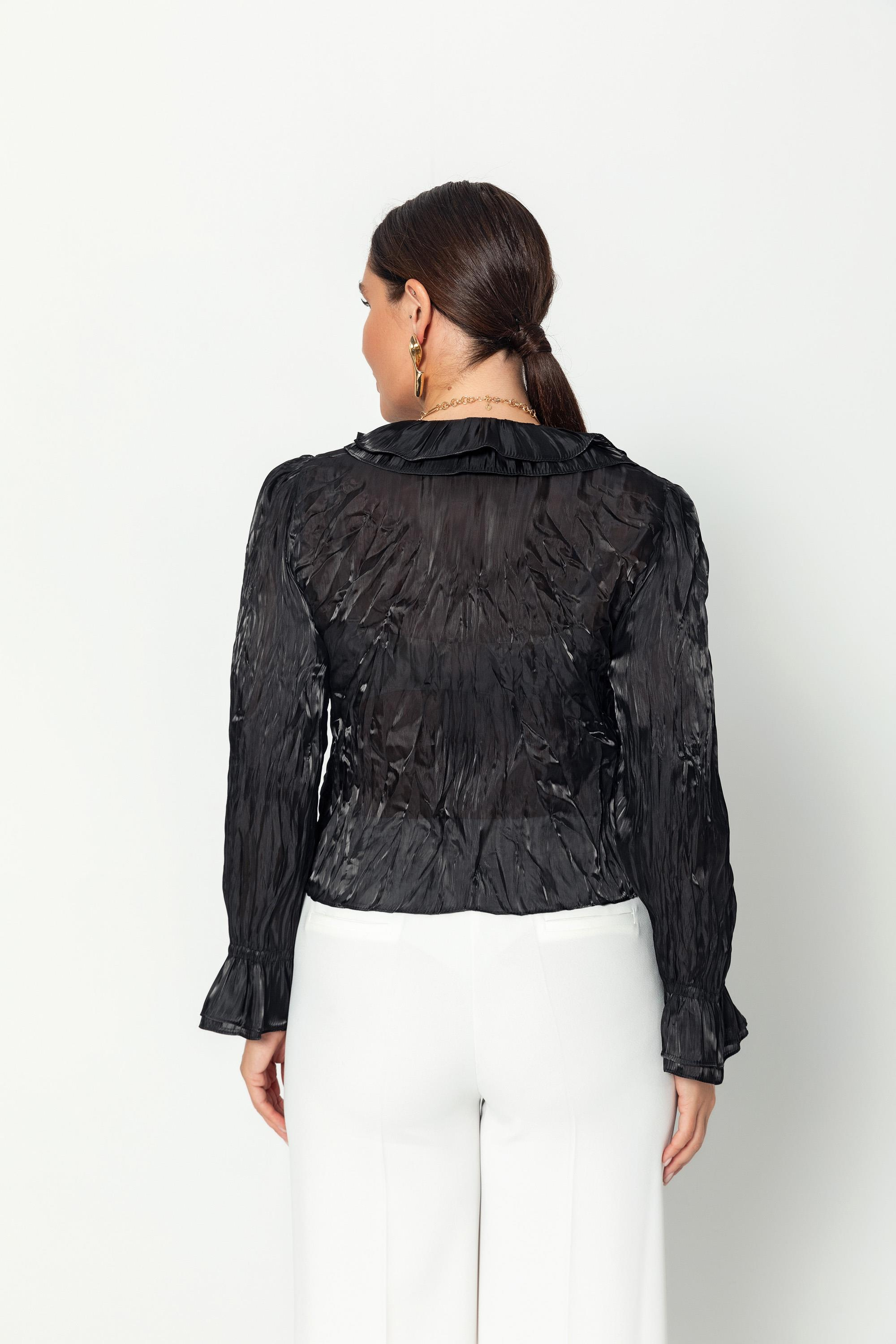 V Yaka Kraşlı Bağcıklı Uzun Kollu Bluz Siyah