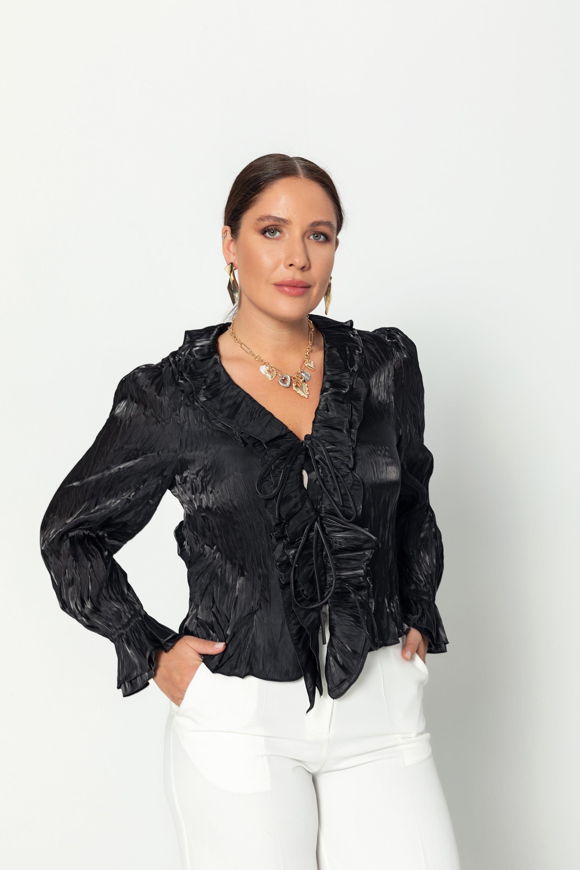 V Yaka Kraşlı Bağcıklı Uzun Kollu Bluz Siyah