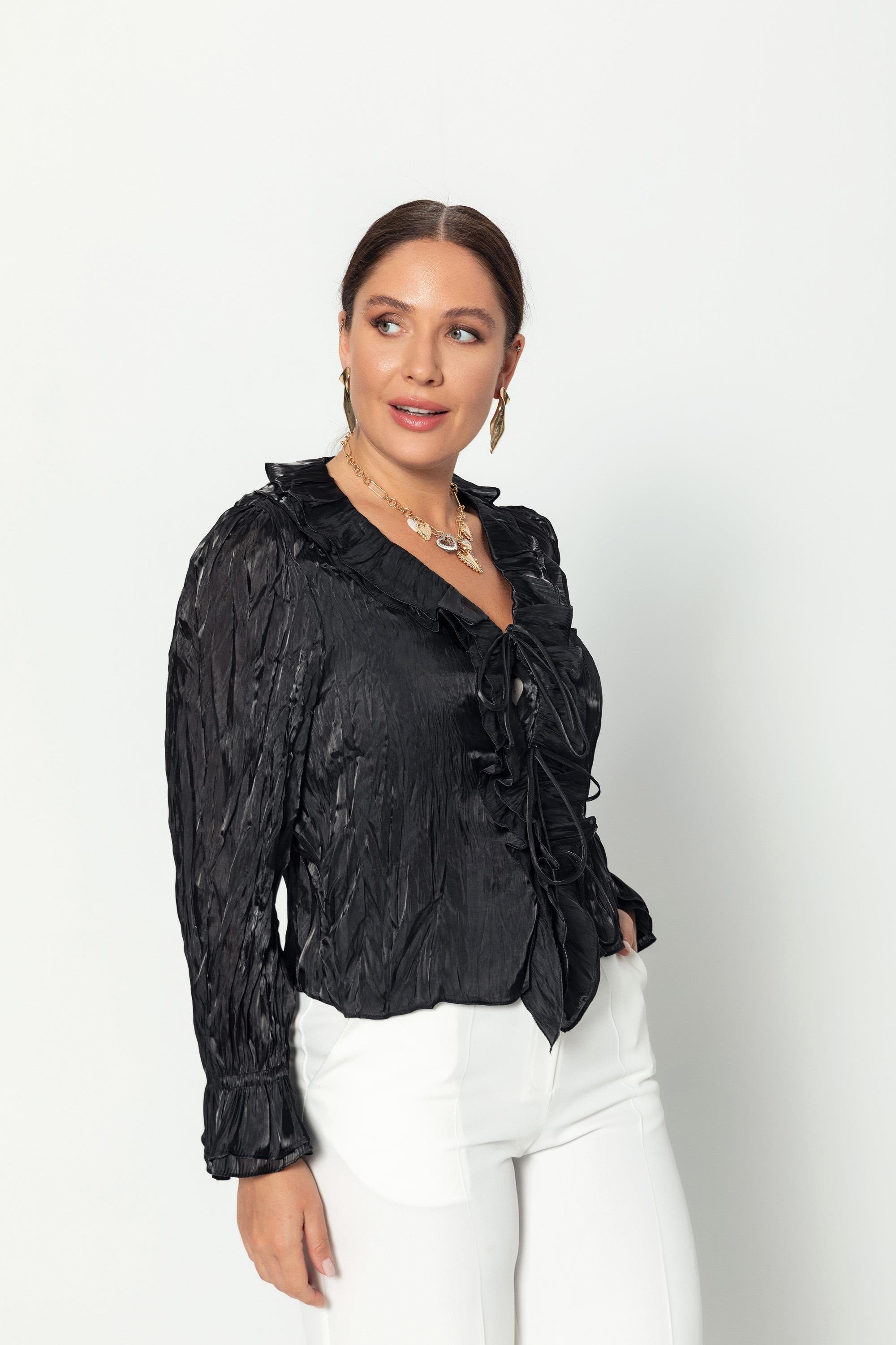 V Yaka Kraşlı Bağcıklı Uzun Kollu Bluz Siyah