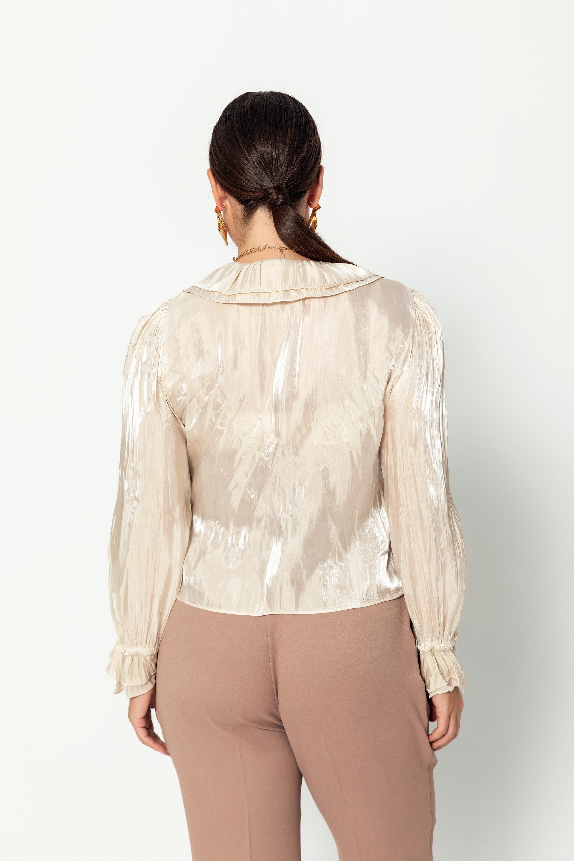 V Yaka Kraşlı Bağcıklı Uzun Kollu Bluz Bej