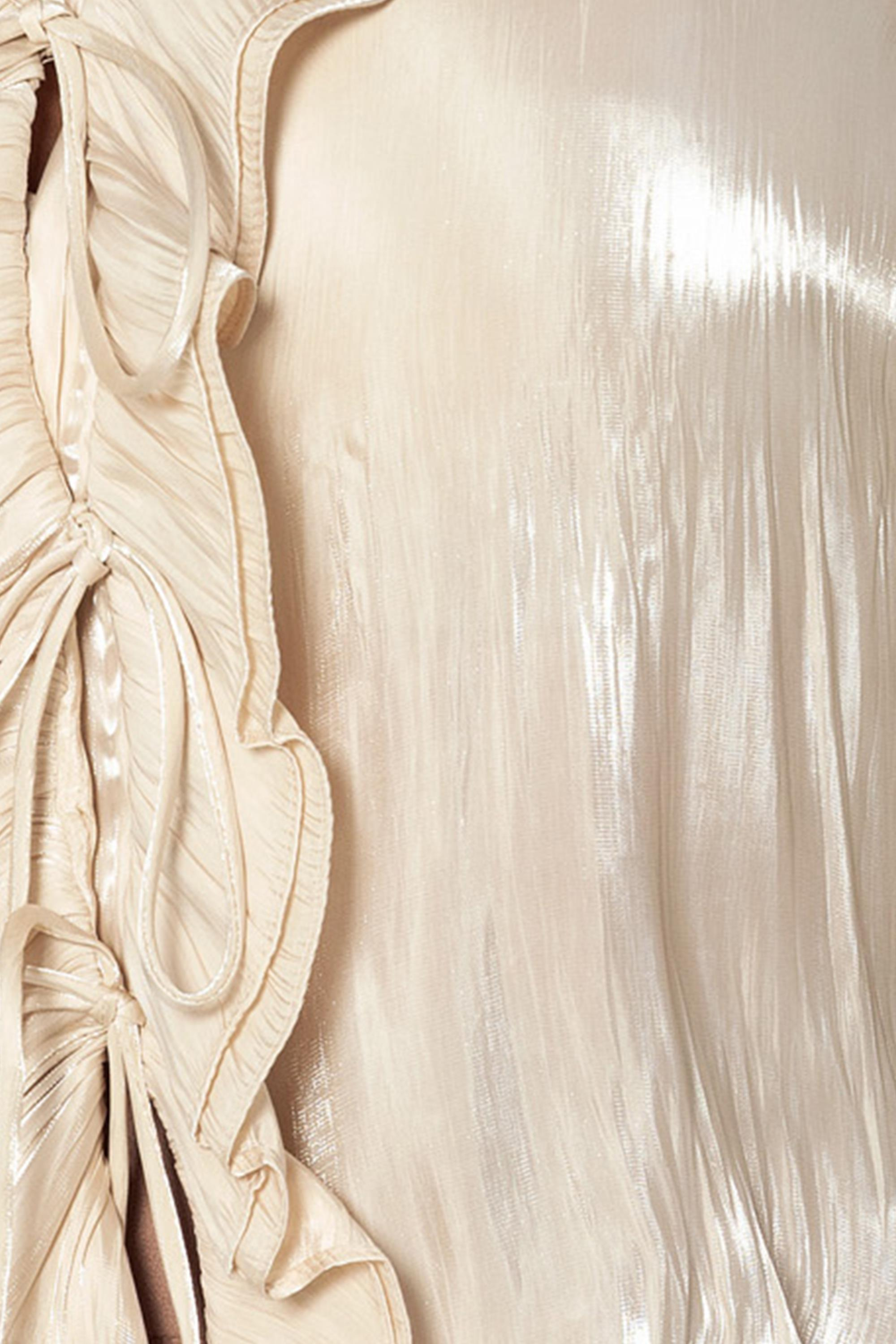 V Yaka Kraşlı Bağcıklı Uzun Kollu Bluz Bej