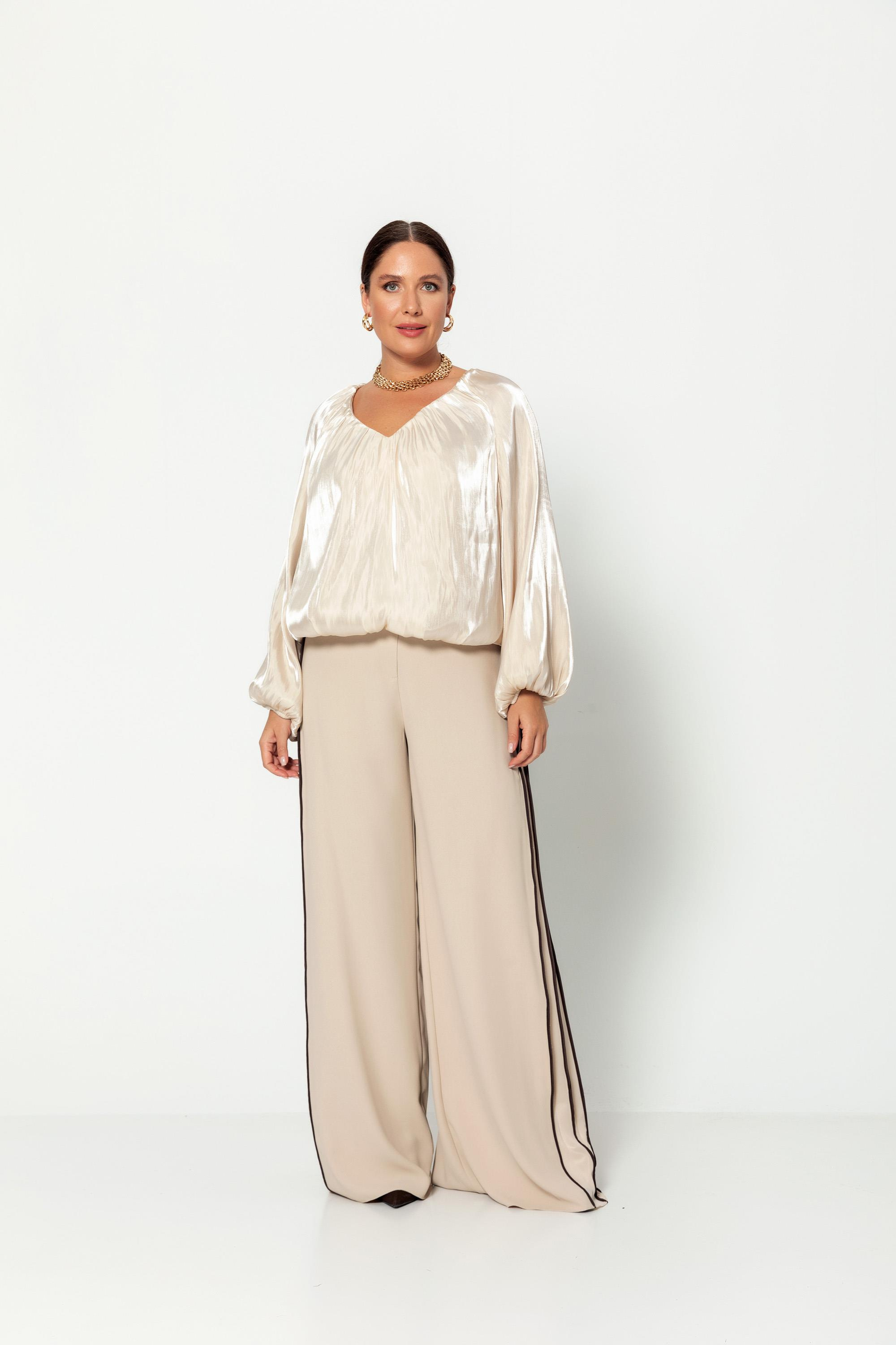 V Yaka  Uzun Kollu Balon Bluz Bej