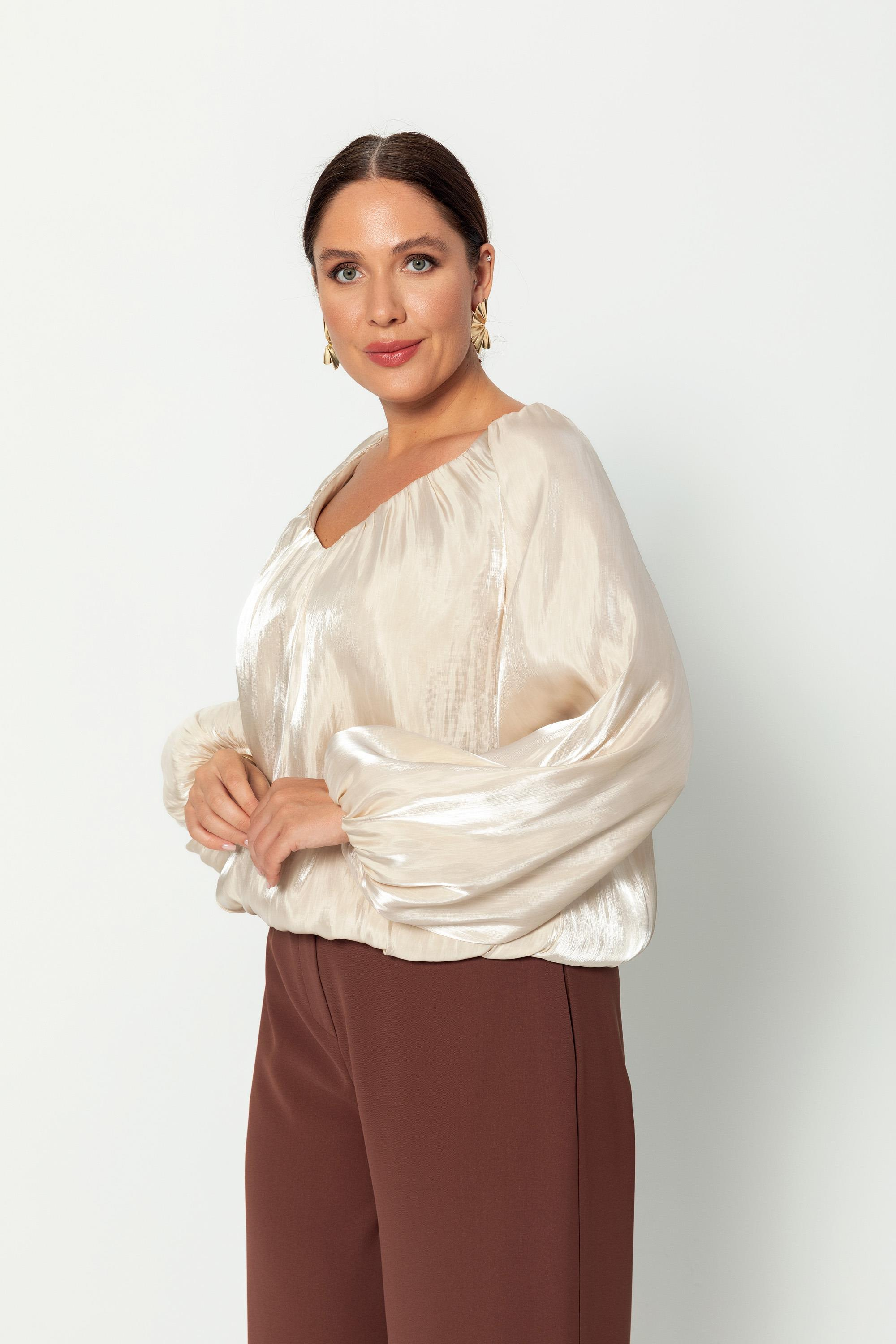 V Yaka  Uzun Kollu Balon Bluz Bej