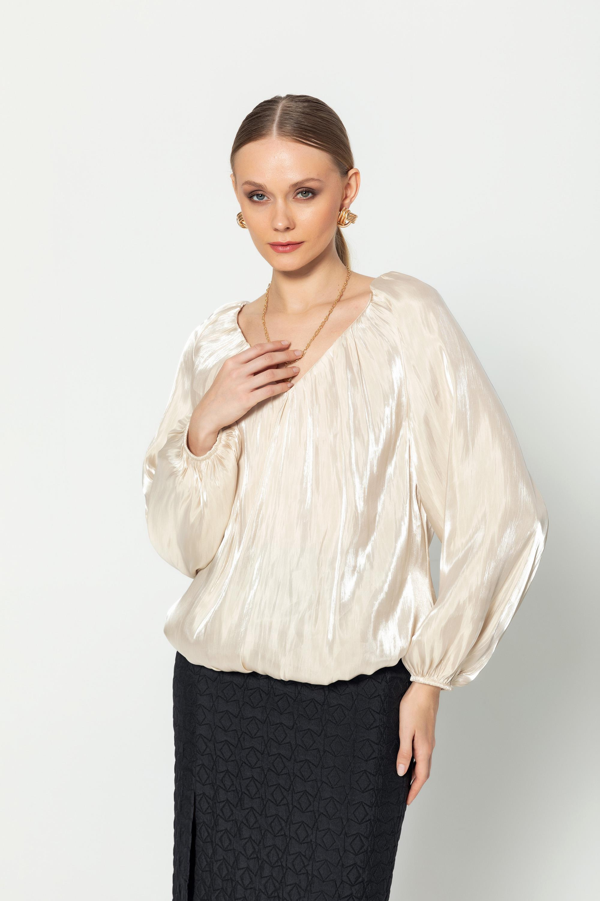 V Yaka  Uzun Kollu Balon Bluz Bej