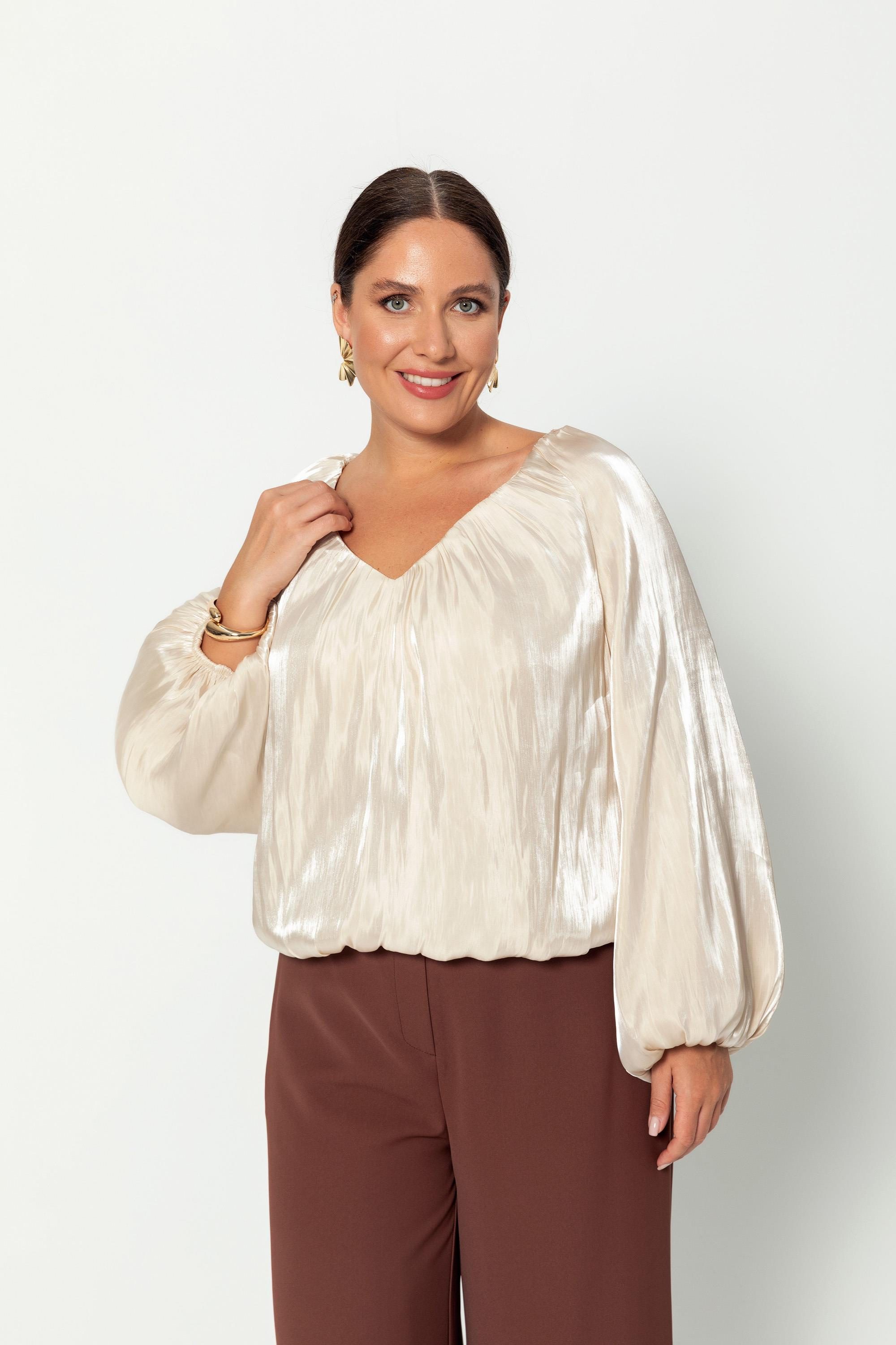 V Yaka  Uzun Kollu Balon Bluz Bej