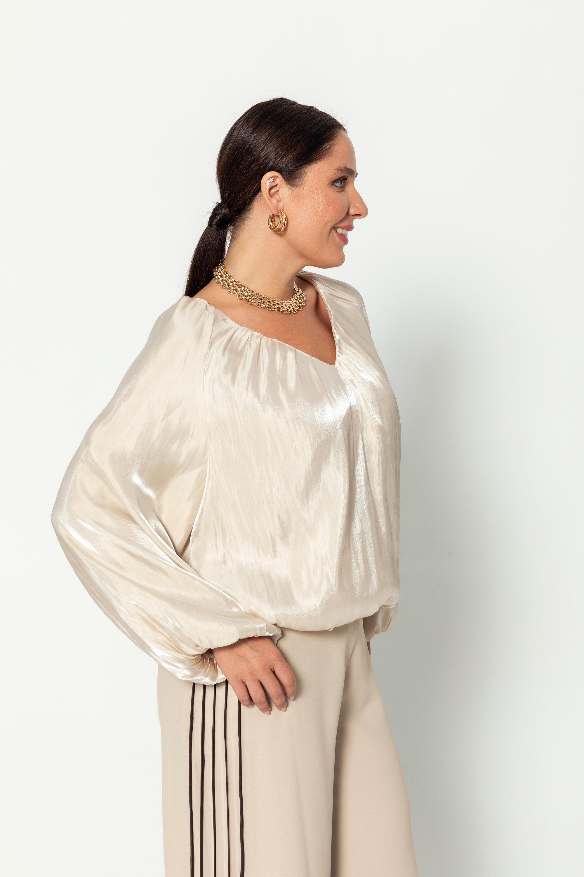 V Yaka  Uzun Kollu Balon Bluz Bej