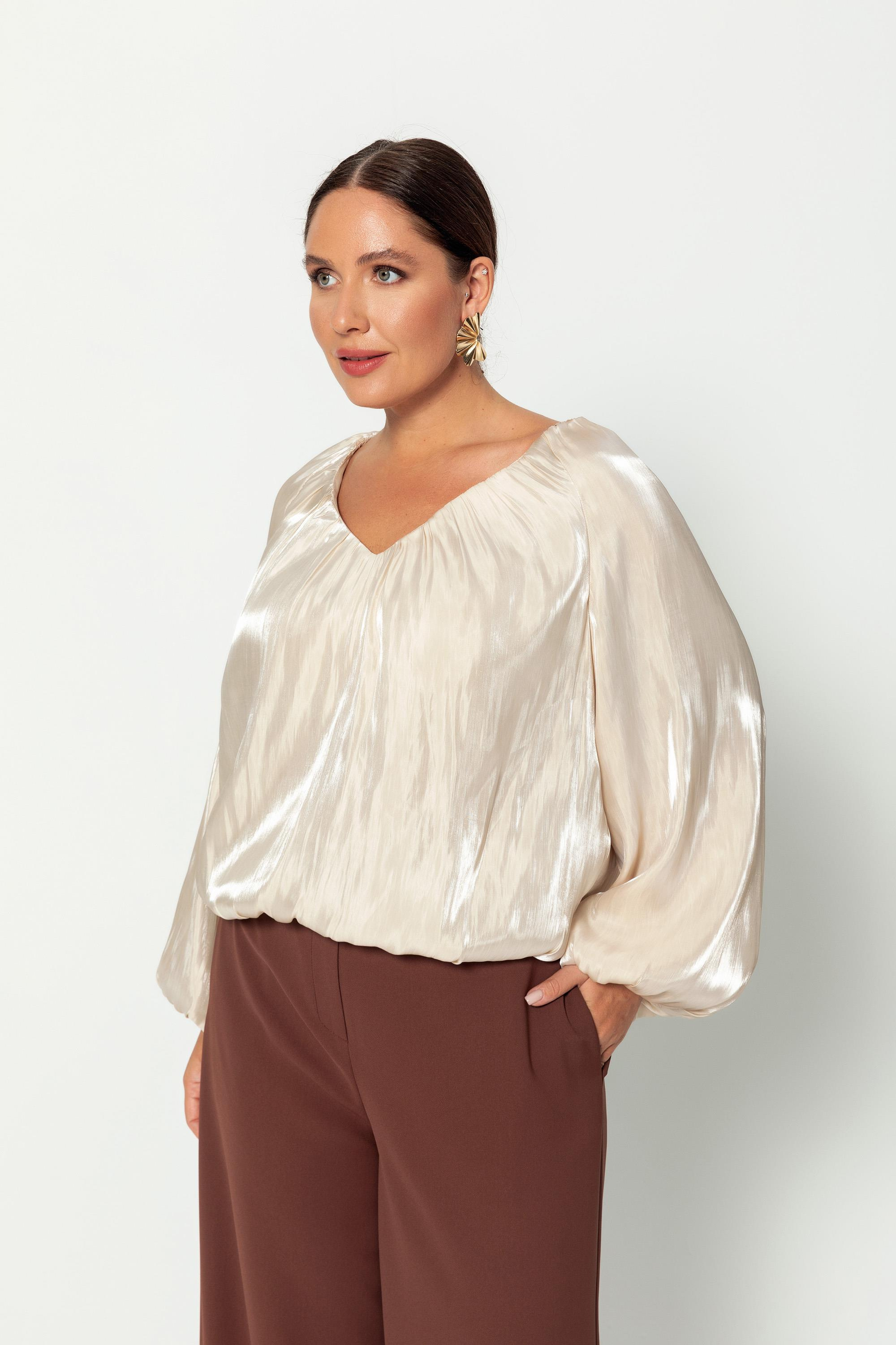 V Yaka  Uzun Kollu Balon Bluz Bej