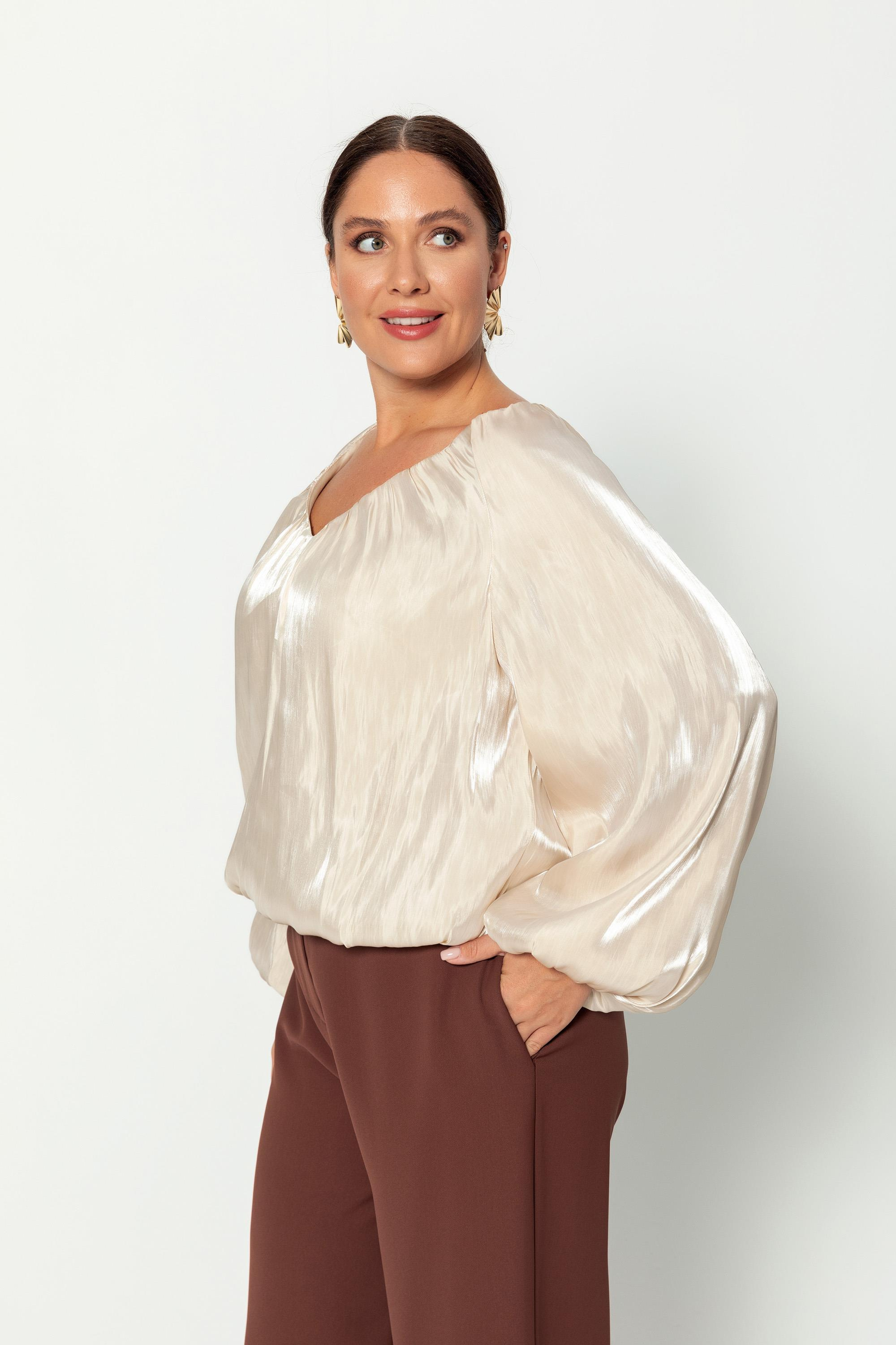 V Yaka  Uzun Kollu Balon Bluz Bej