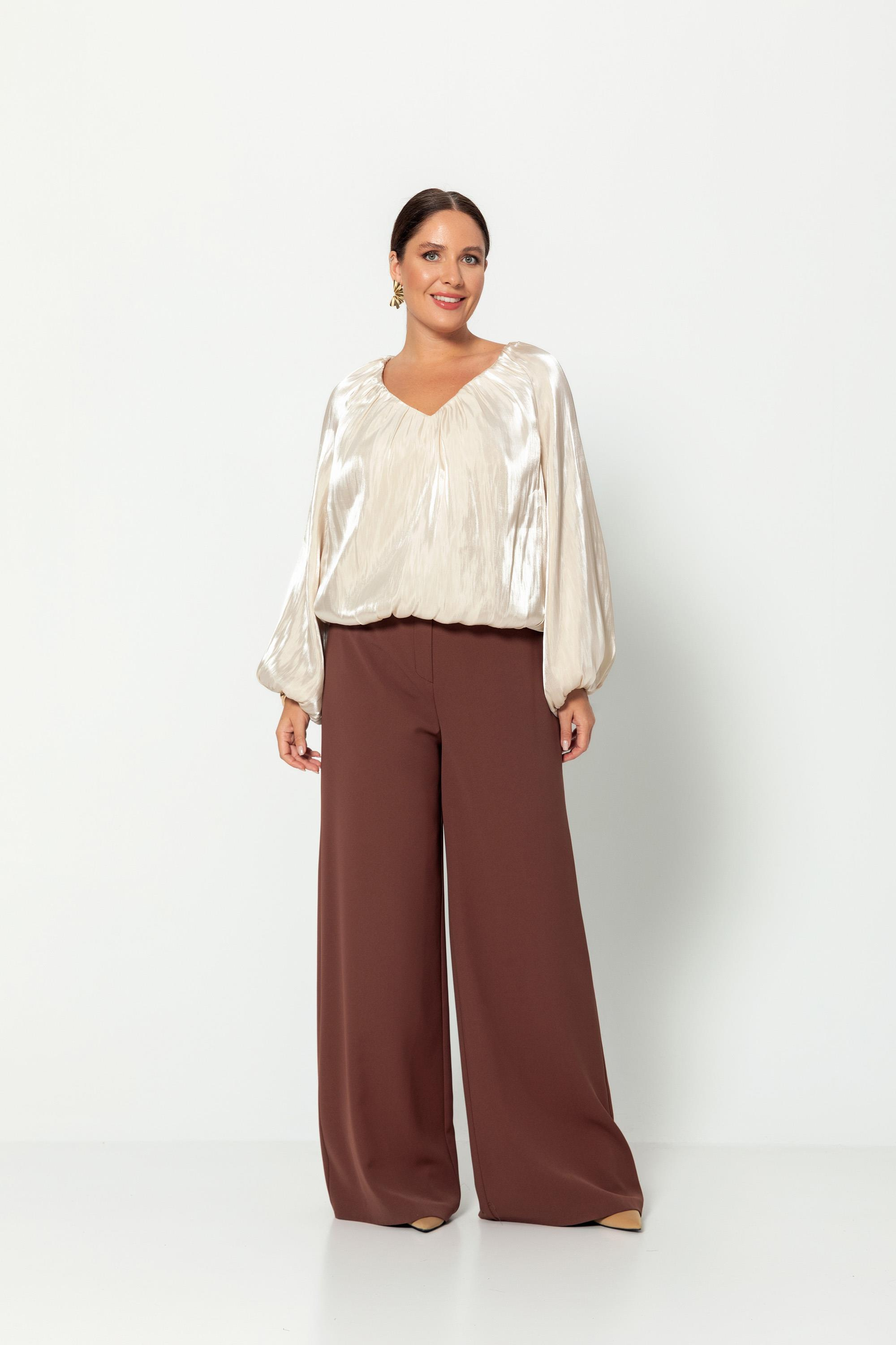 V Yaka  Uzun Kollu Balon Bluz Bej