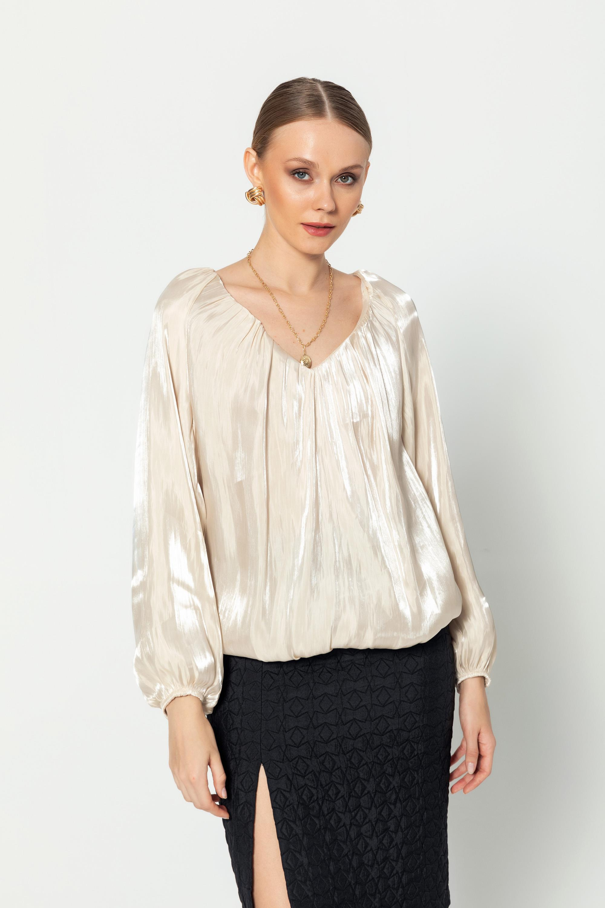 V Yaka  Uzun Kollu Balon Bluz Bej