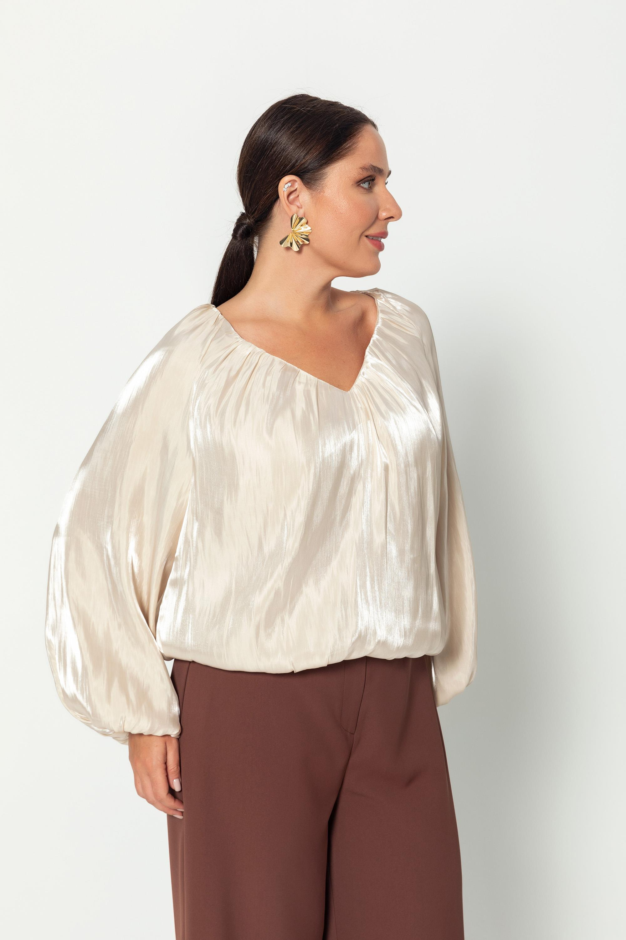 V Yaka  Uzun Kollu Balon Bluz Bej