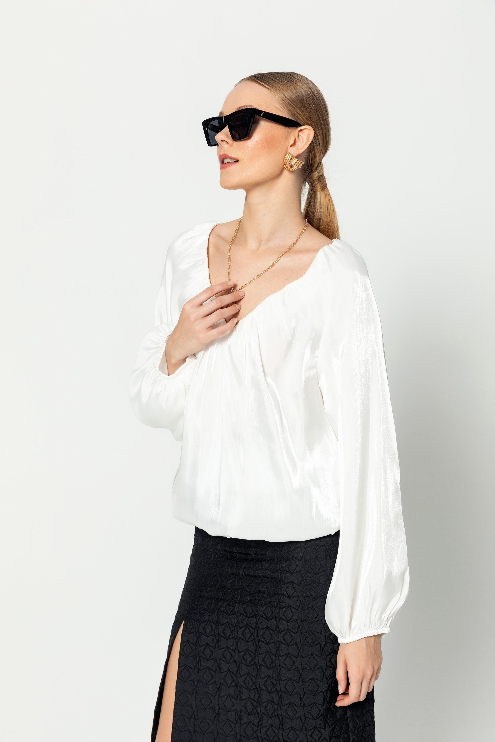 V Yaka  Uzun Kollu Balon Bluz Beyaz