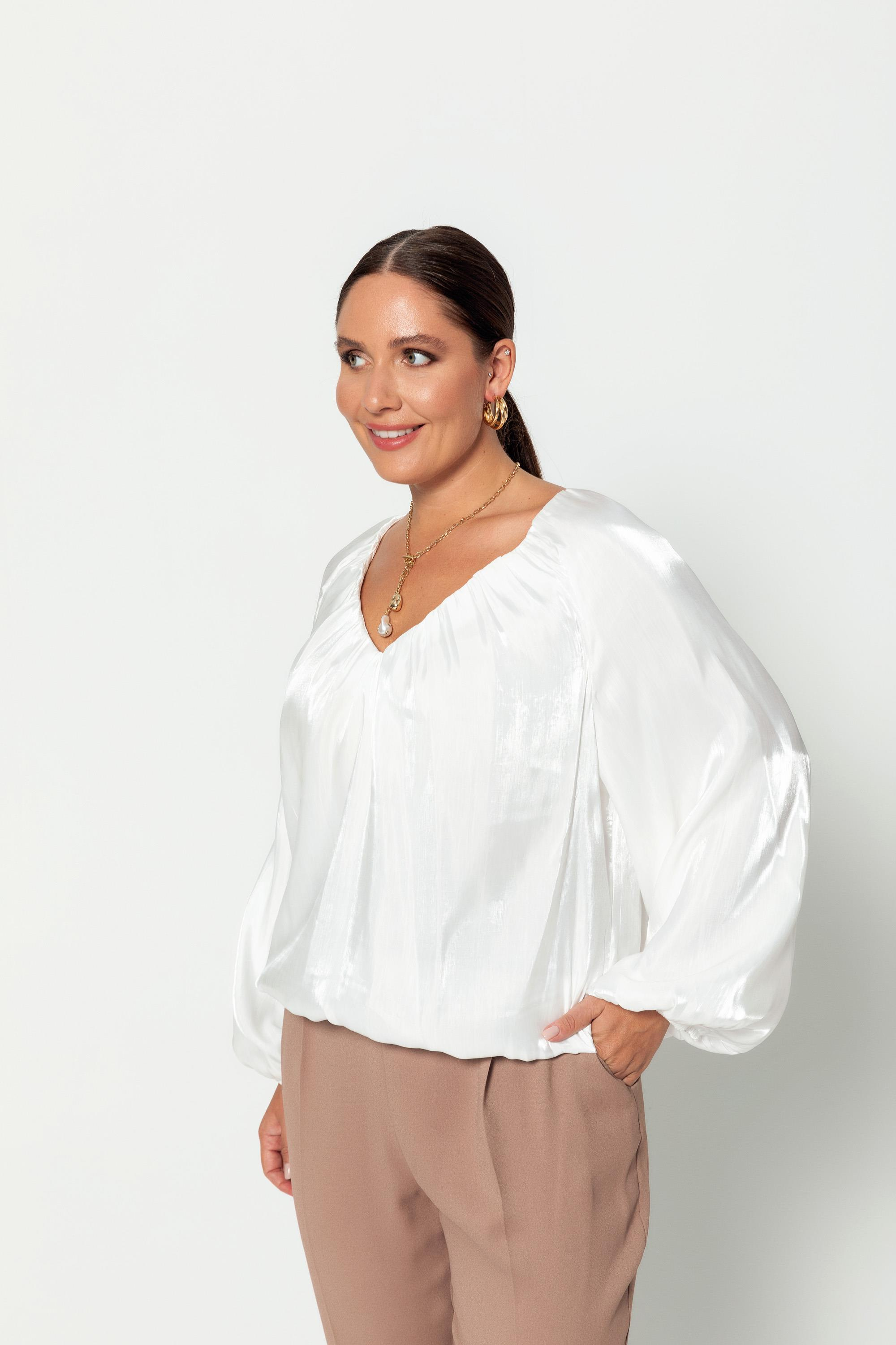 V Yaka  Uzun Kollu Balon Bluz Beyaz