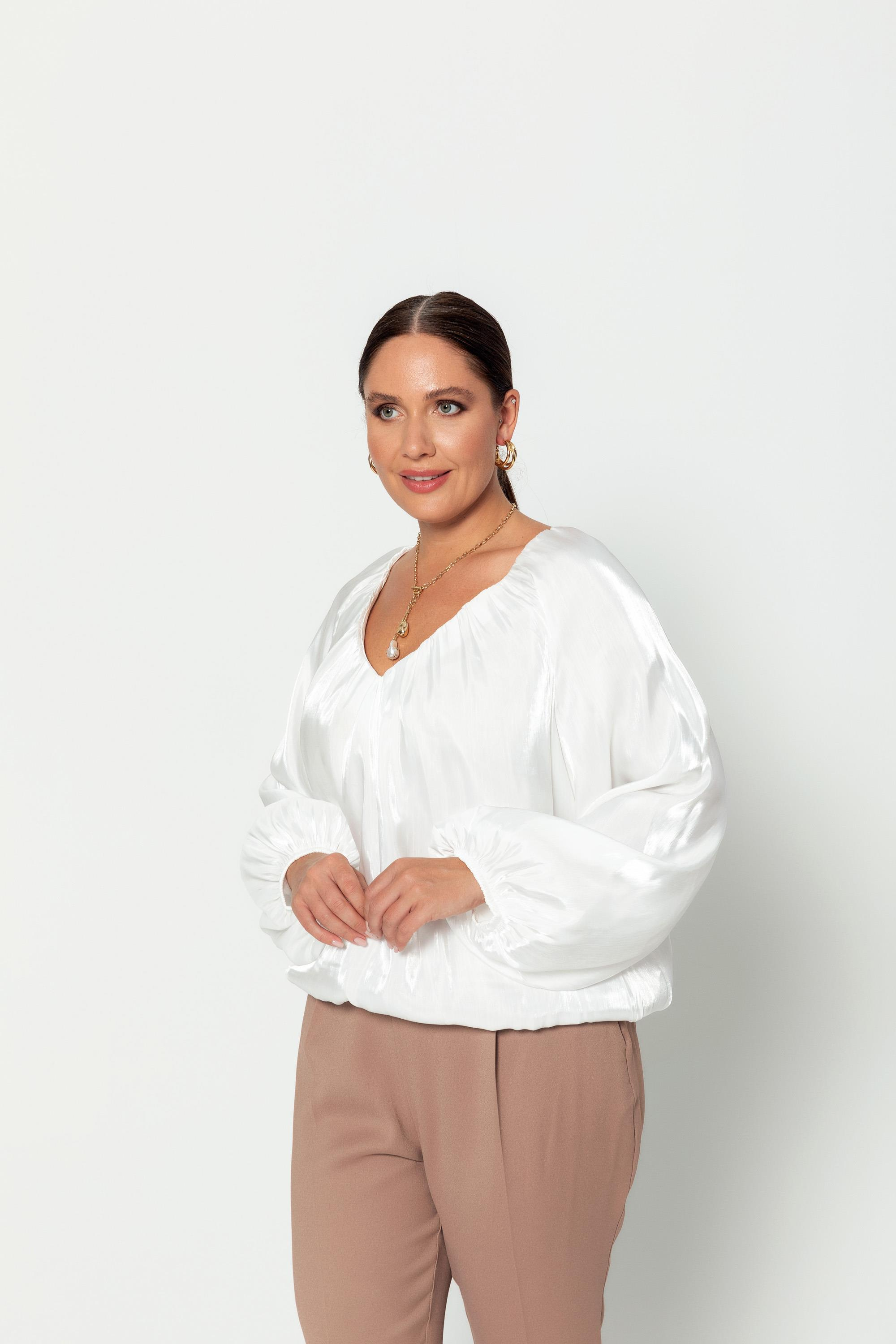 V Yaka  Uzun Kollu Balon Bluz Beyaz