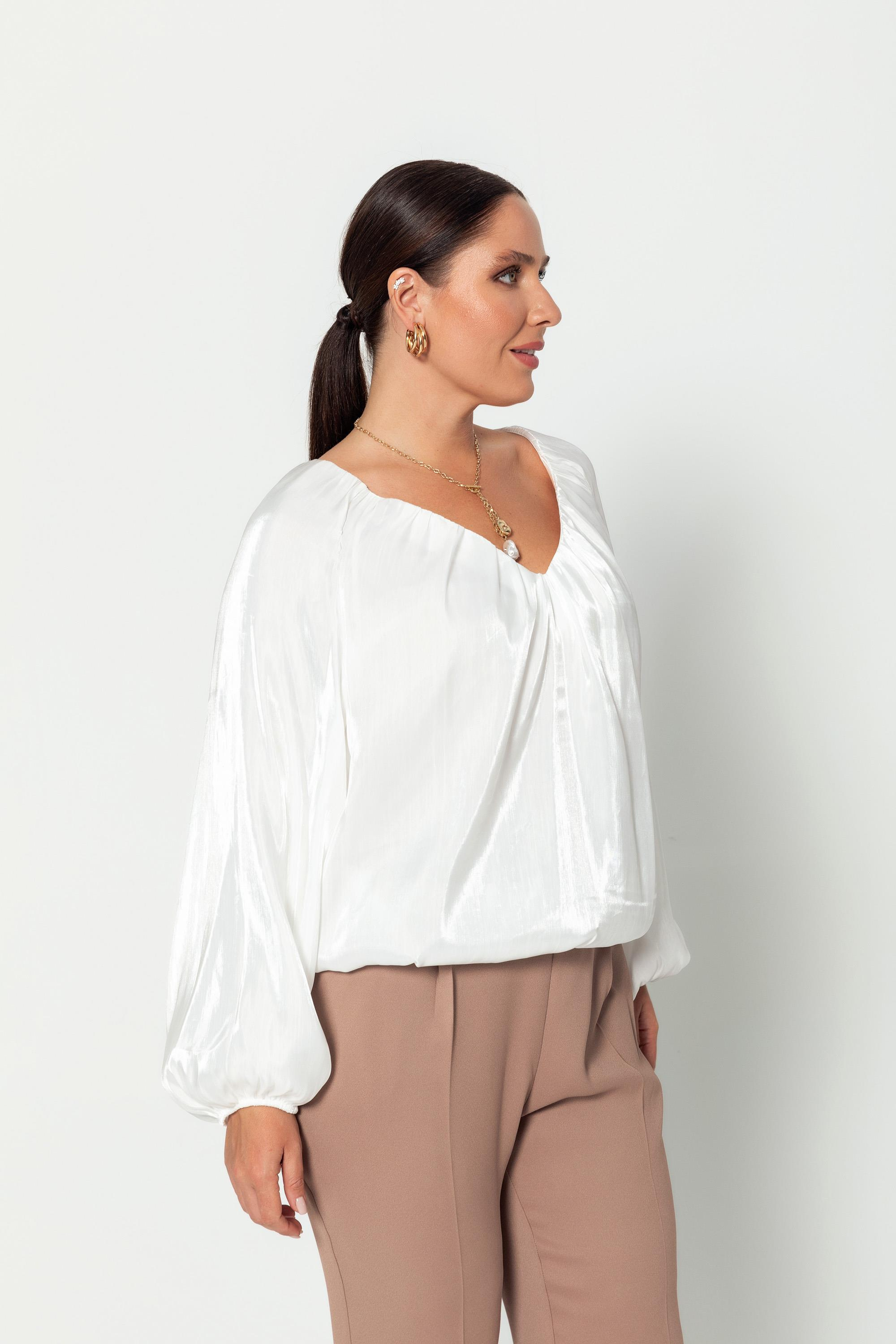 V Yaka  Uzun Kollu Balon Bluz Beyaz