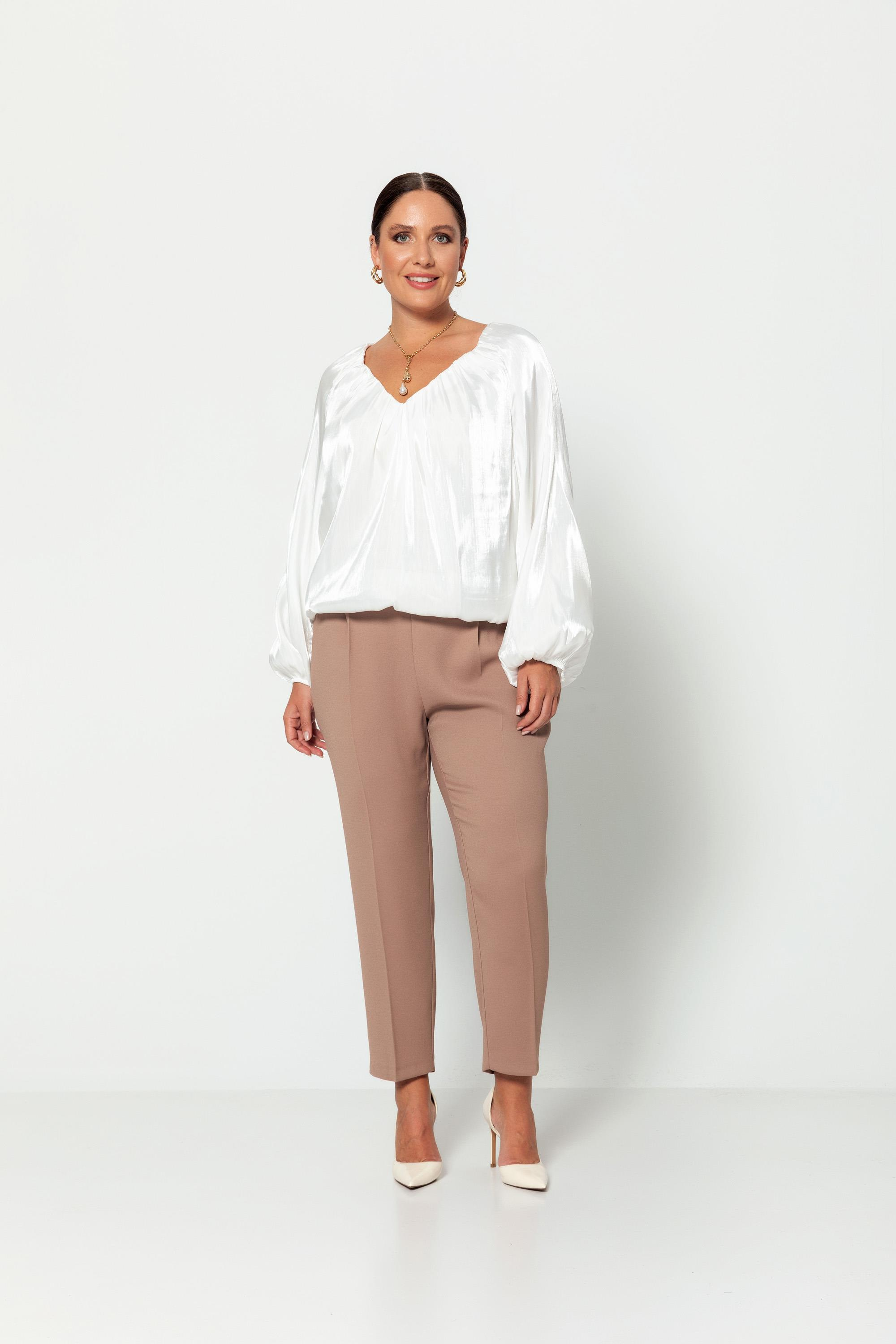 V Yaka  Uzun Kollu Balon Bluz Beyaz