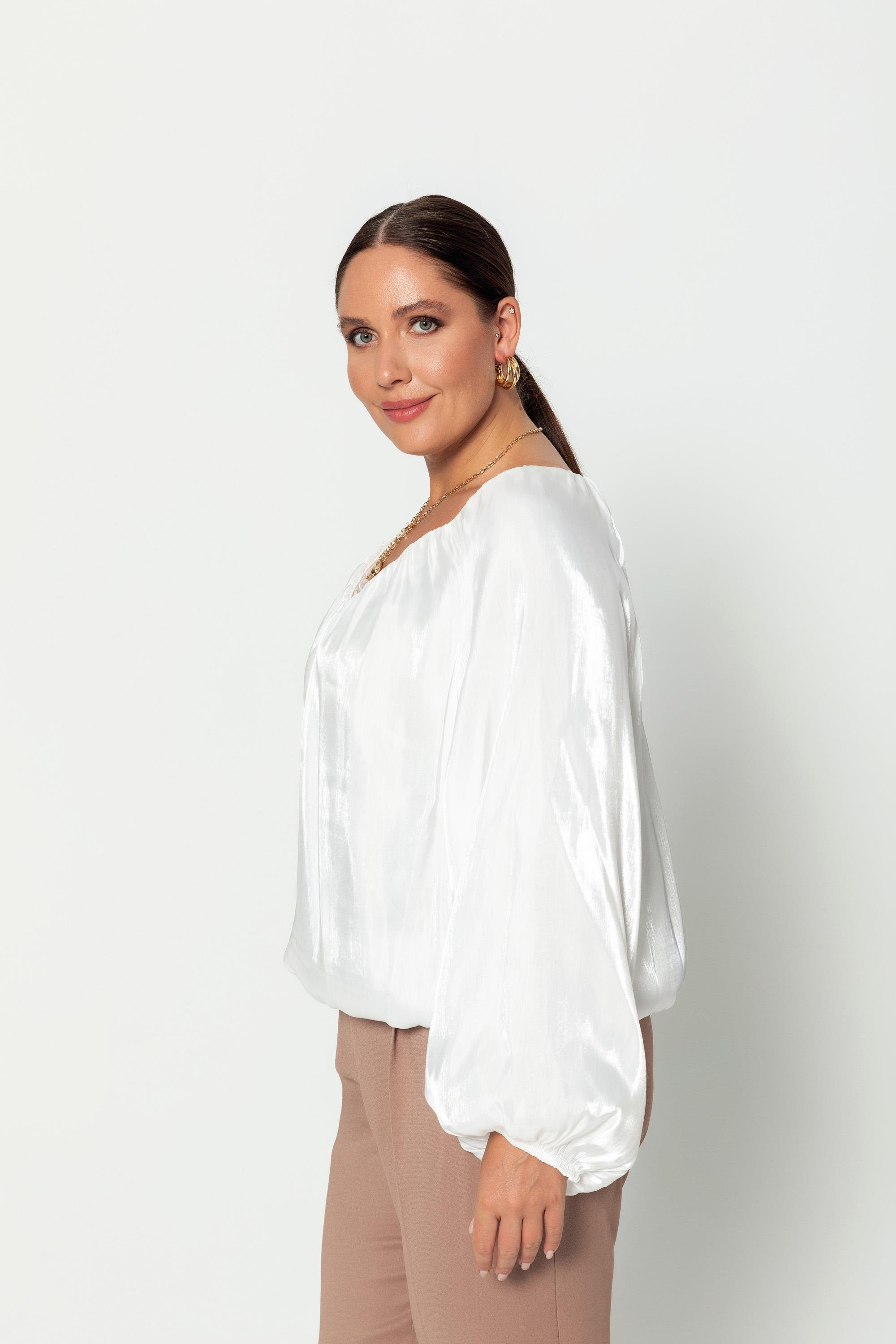 V Yaka  Uzun Kollu Balon Bluz Beyaz