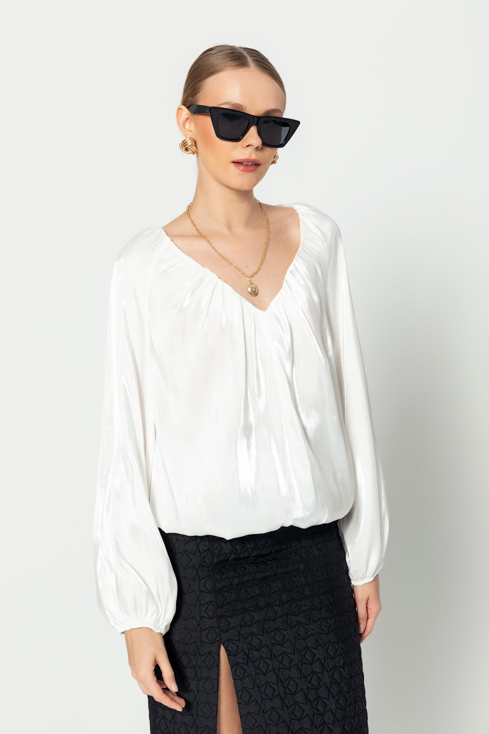 V Yaka  Uzun Kollu Balon Bluz Beyaz