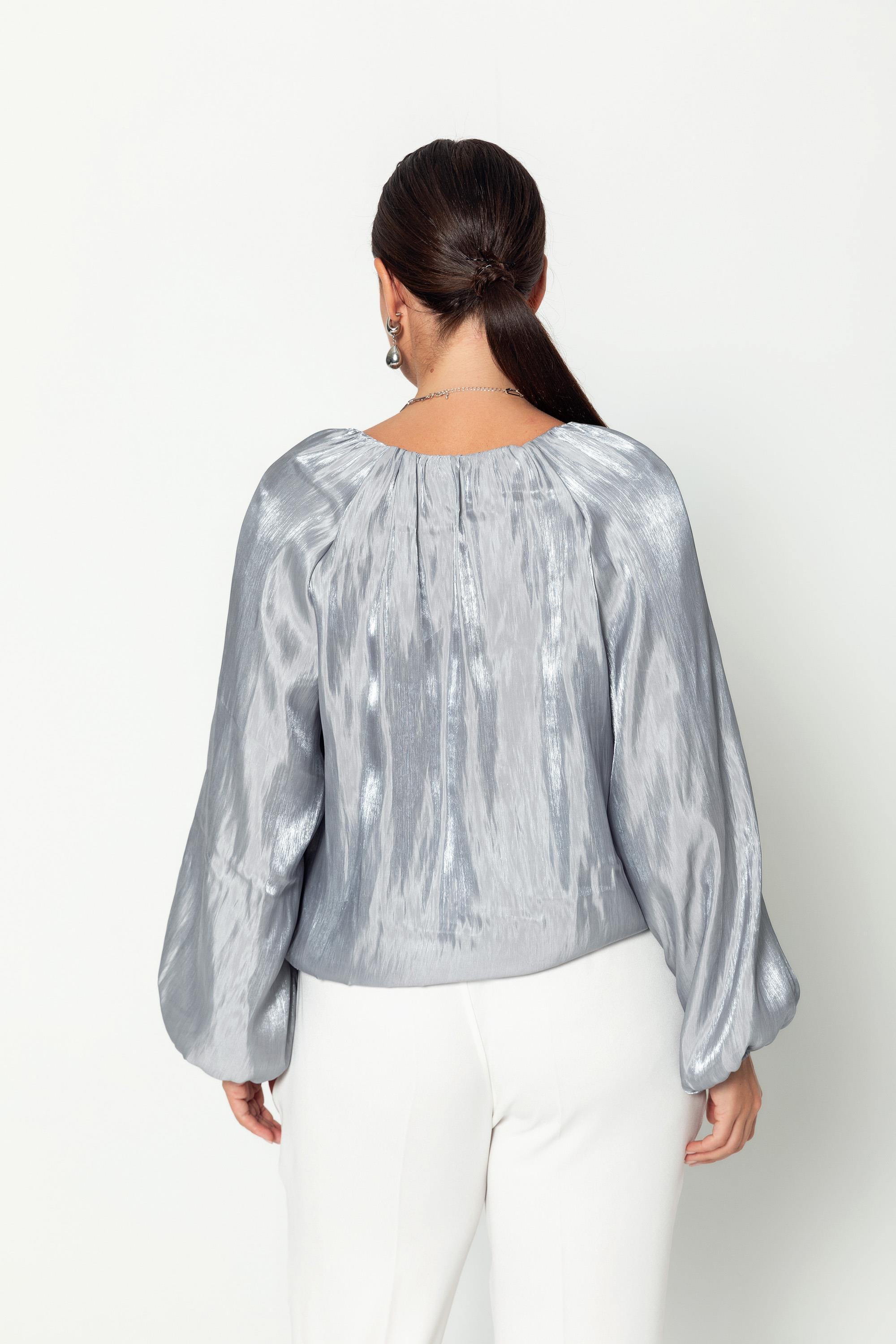 V Yaka  Uzun Kollu Balon Bluz Gri