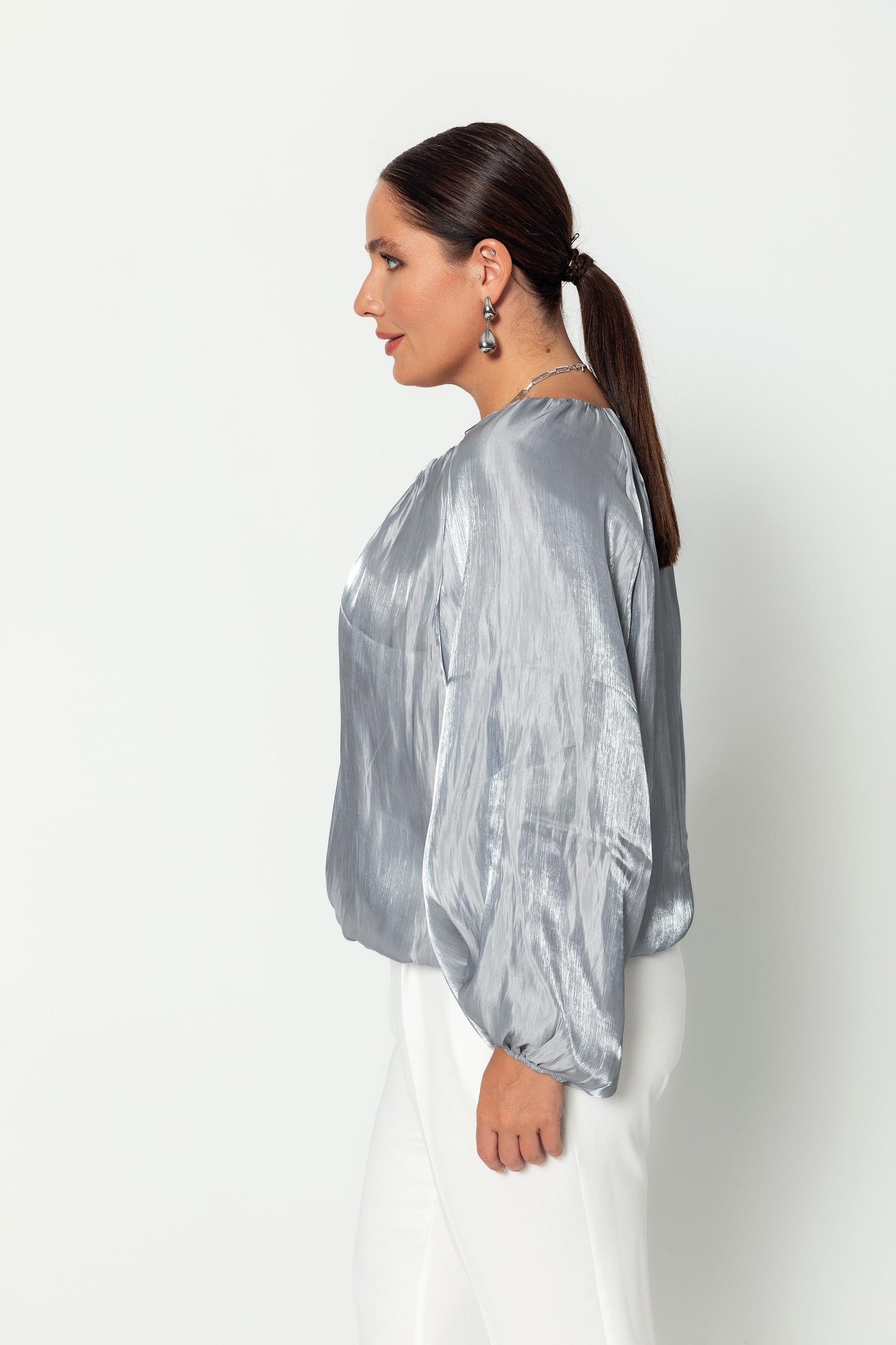 V Yaka  Uzun Kollu Balon Bluz Gri