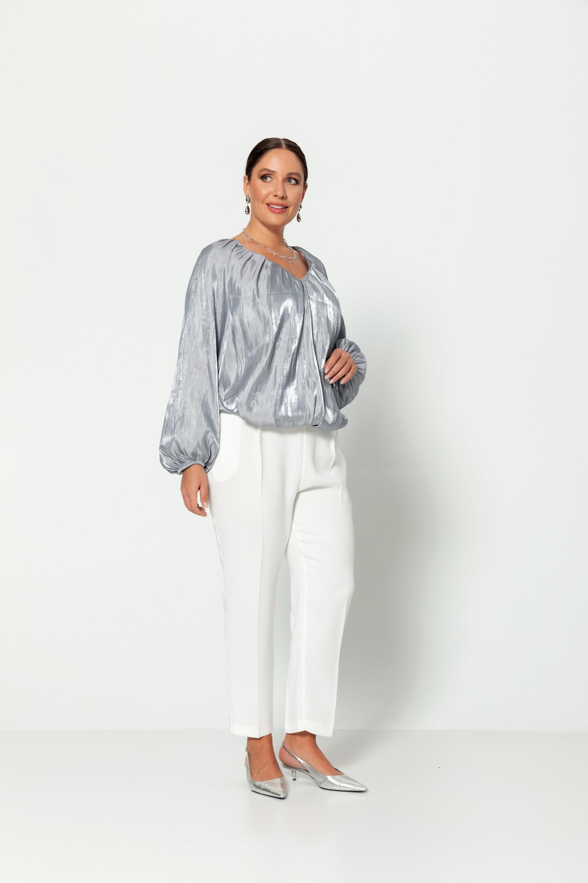 V Yaka  Uzun Kollu Balon Bluz Gri