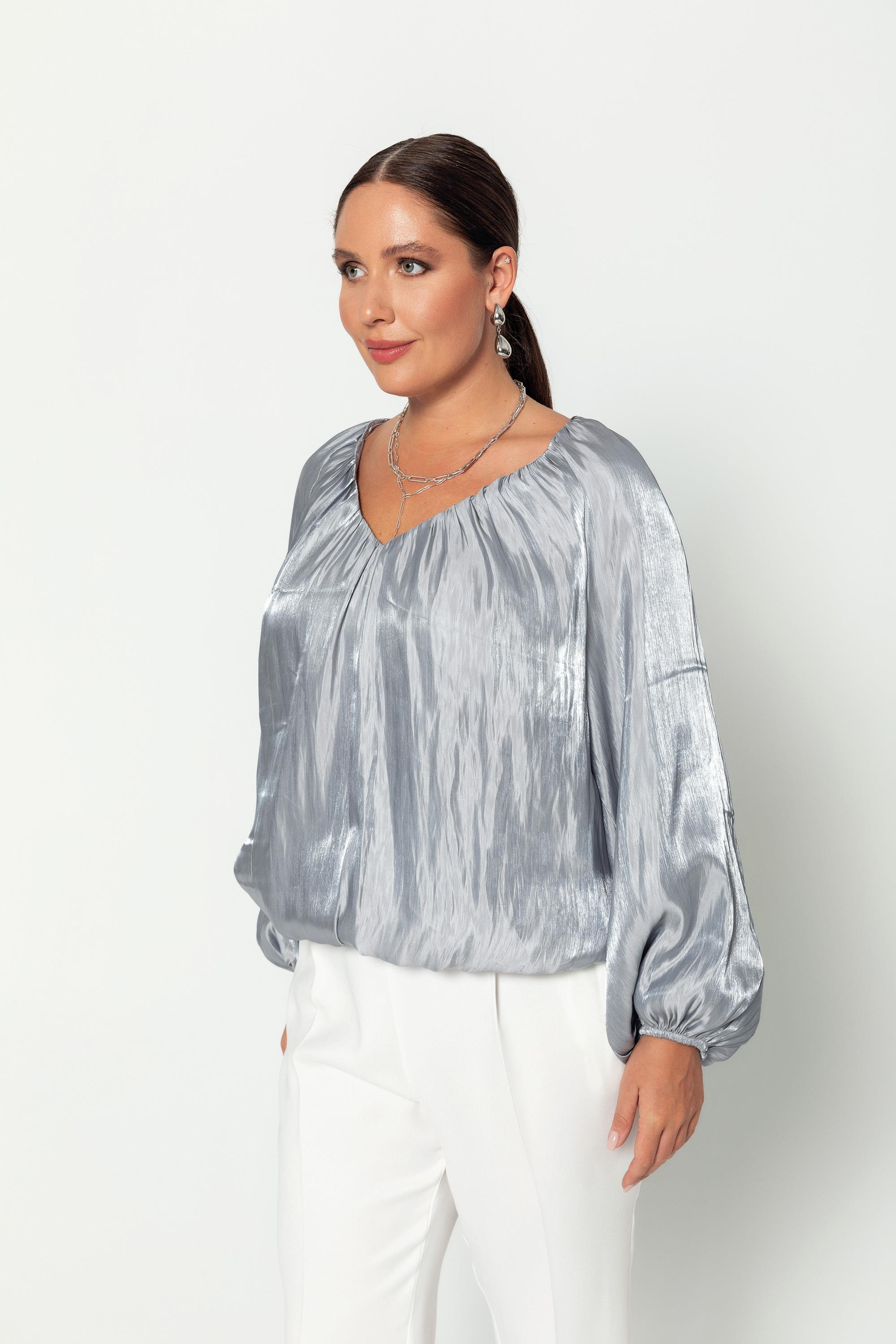 V Yaka  Uzun Kollu Balon Bluz Gri