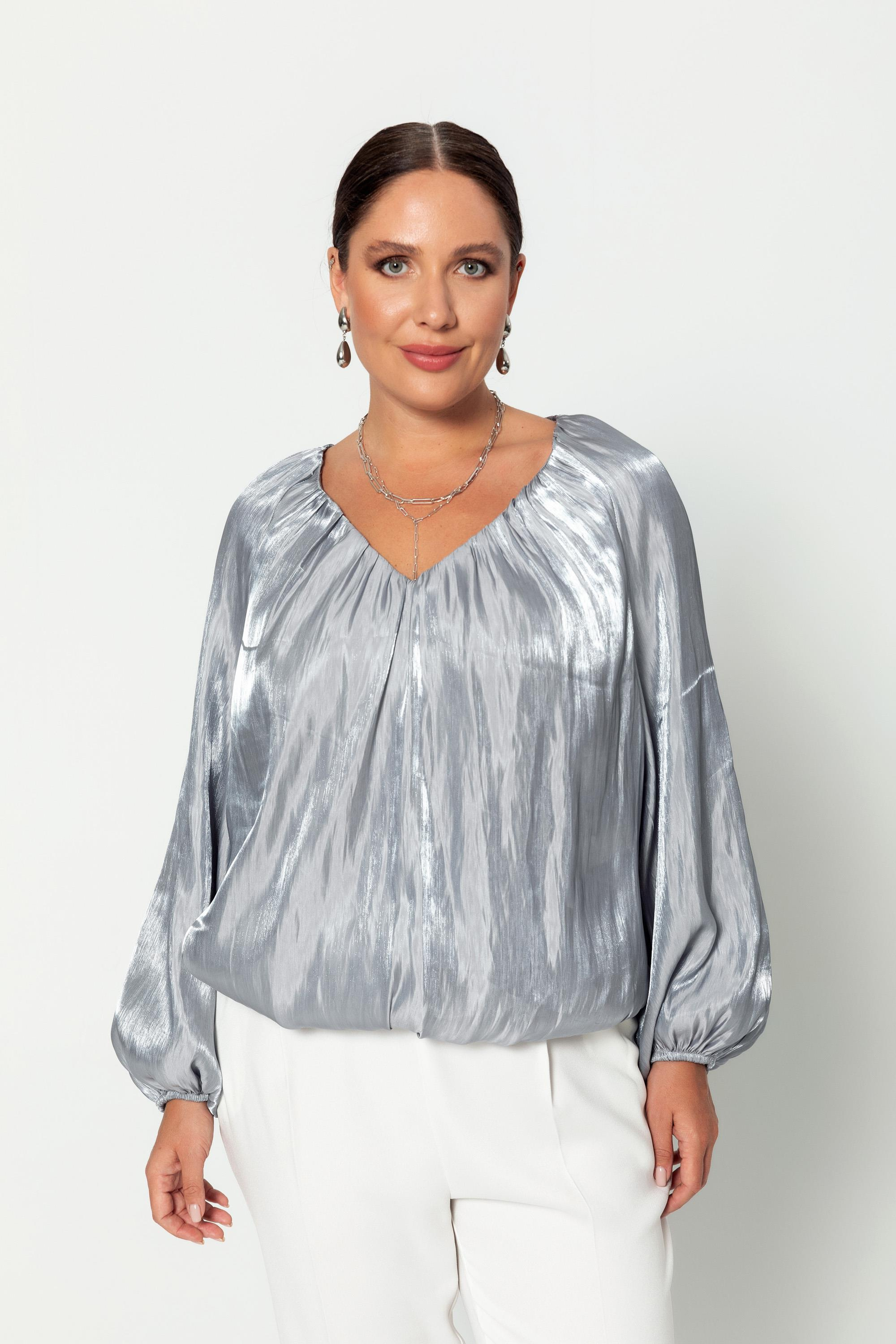 V Yaka  Uzun Kollu Balon Bluz Gri