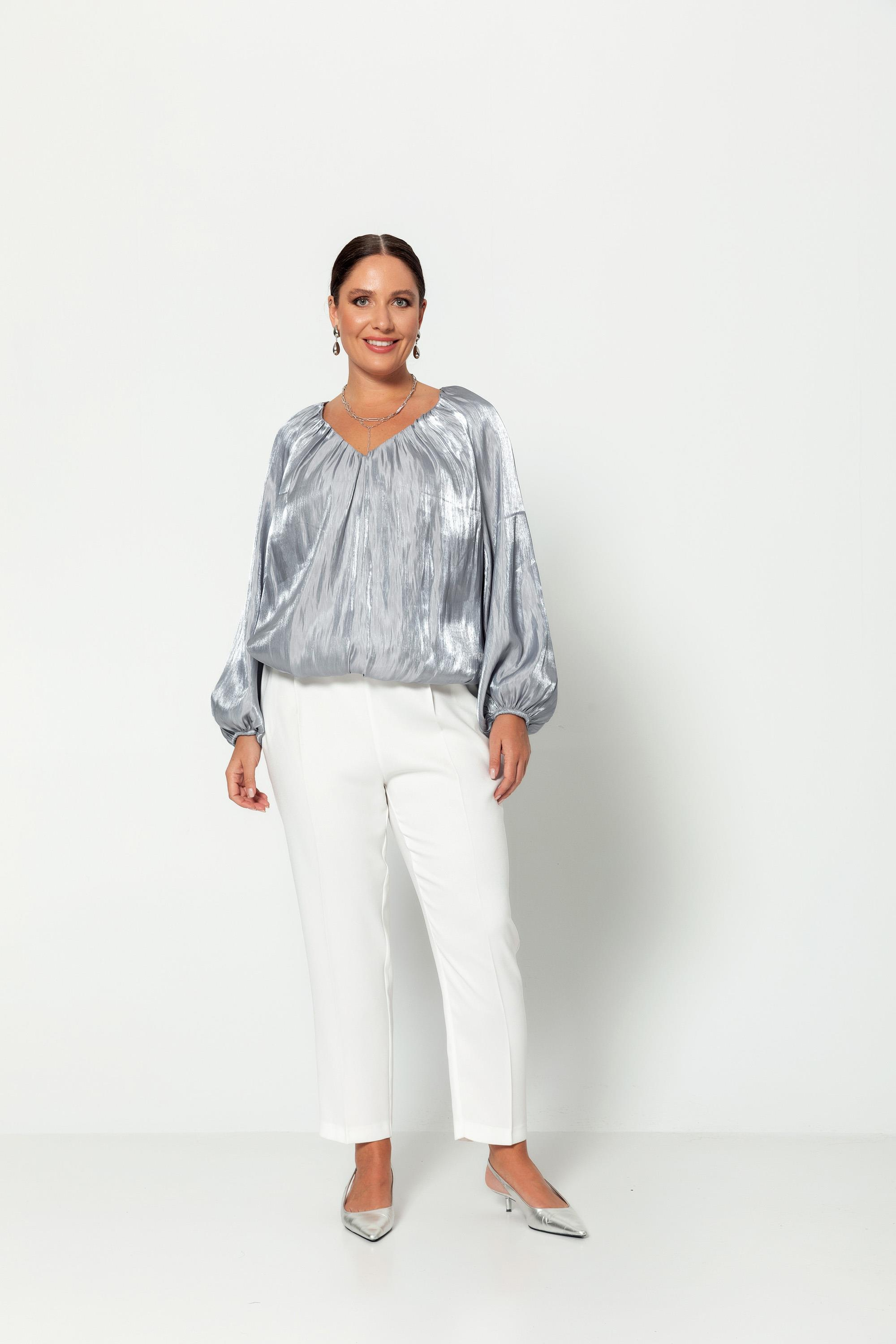 V Yaka  Uzun Kollu Balon Bluz Gri