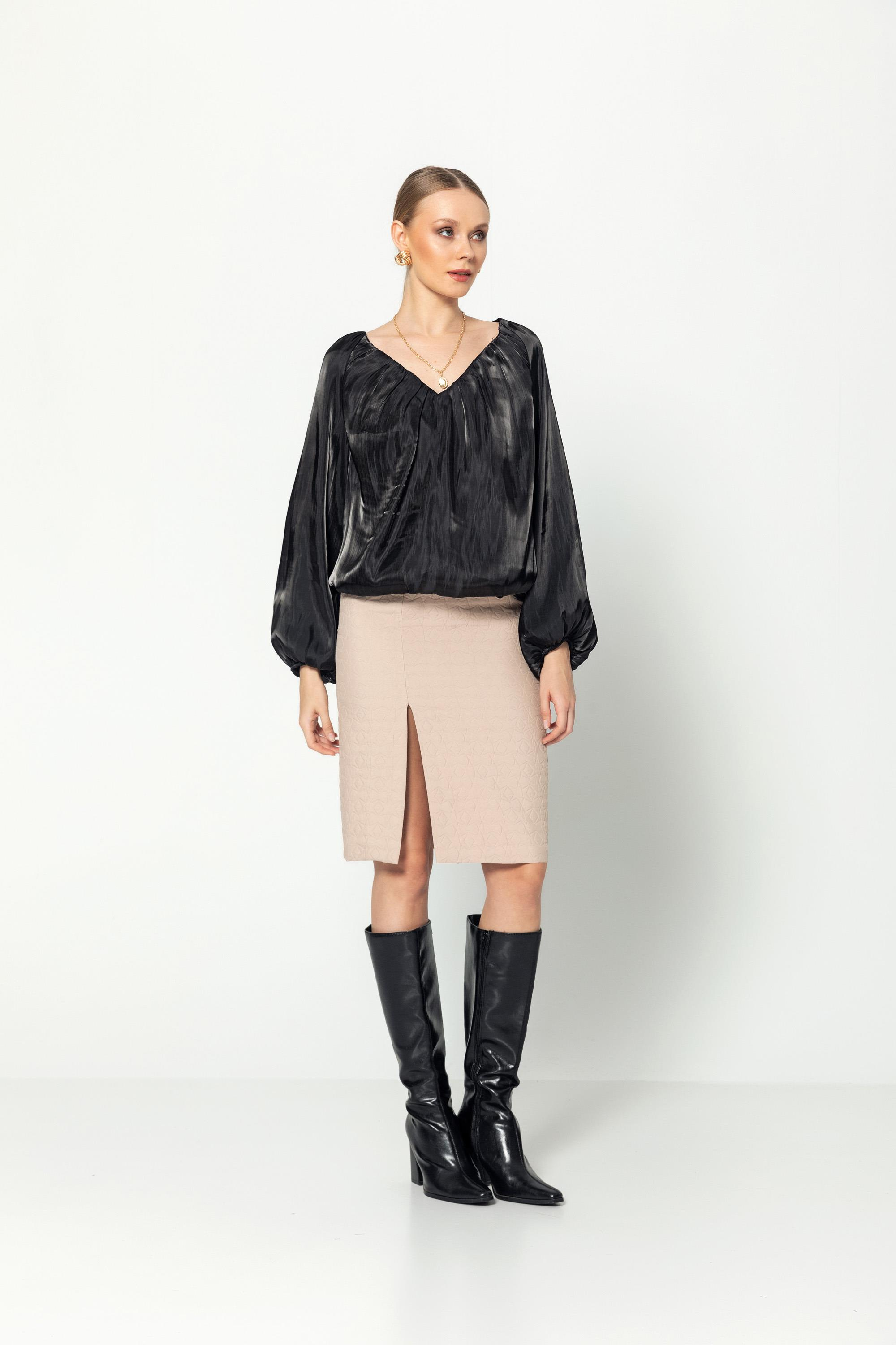 V Yaka  Uzun Kollu Balon Bluz Siyah