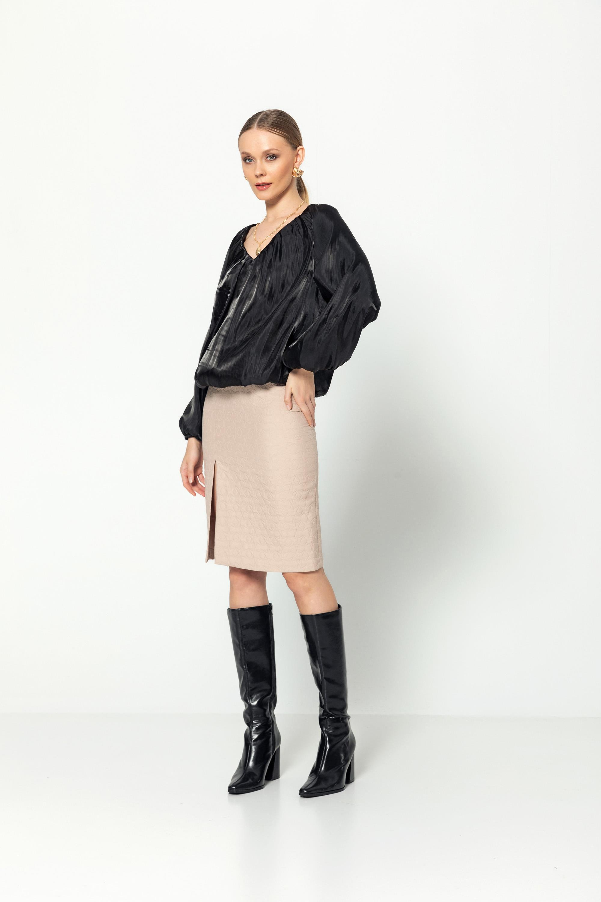 V Yaka  Uzun Kollu Balon Bluz Siyah