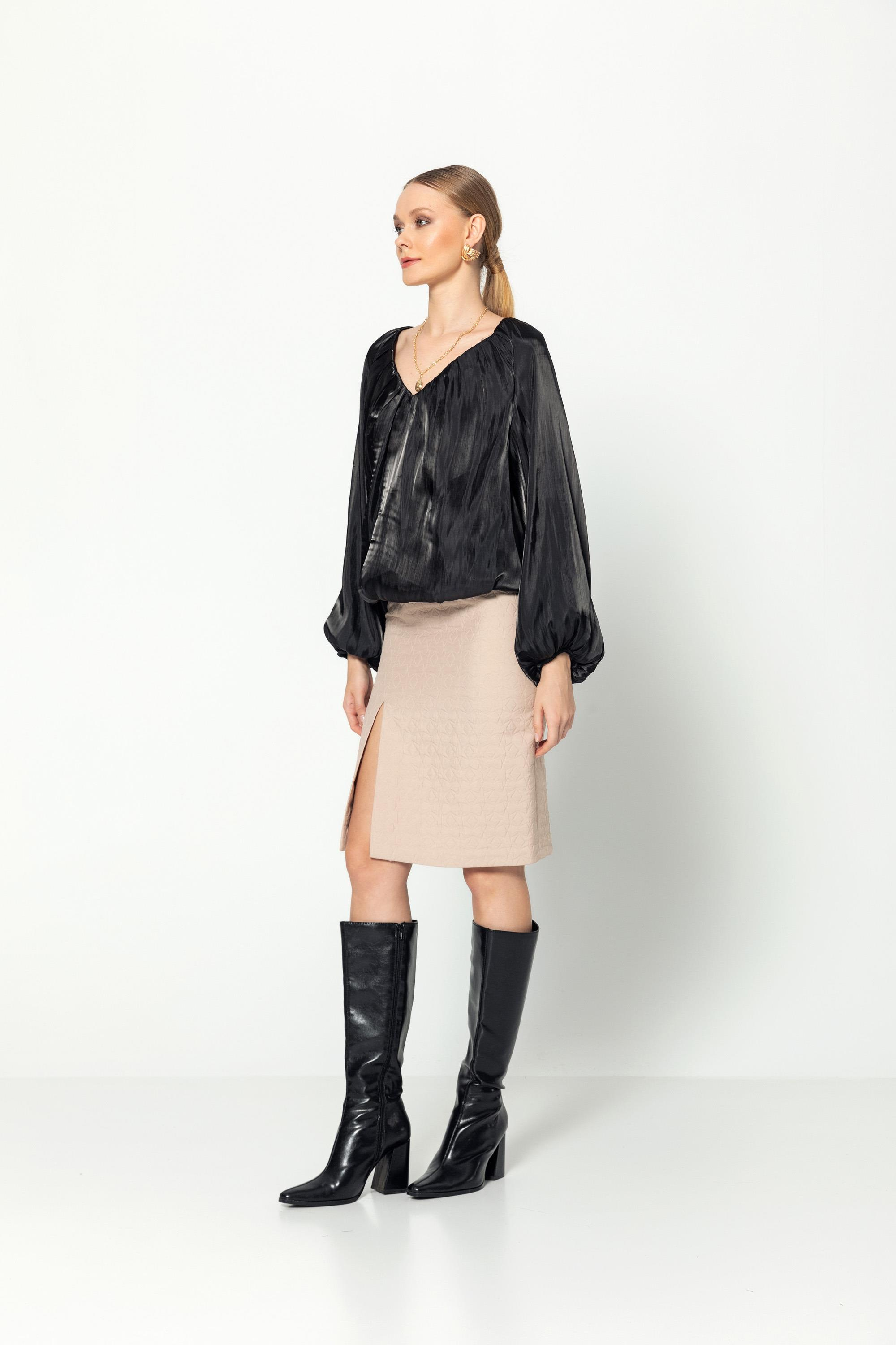 V Yaka  Uzun Kollu Balon Bluz Siyah