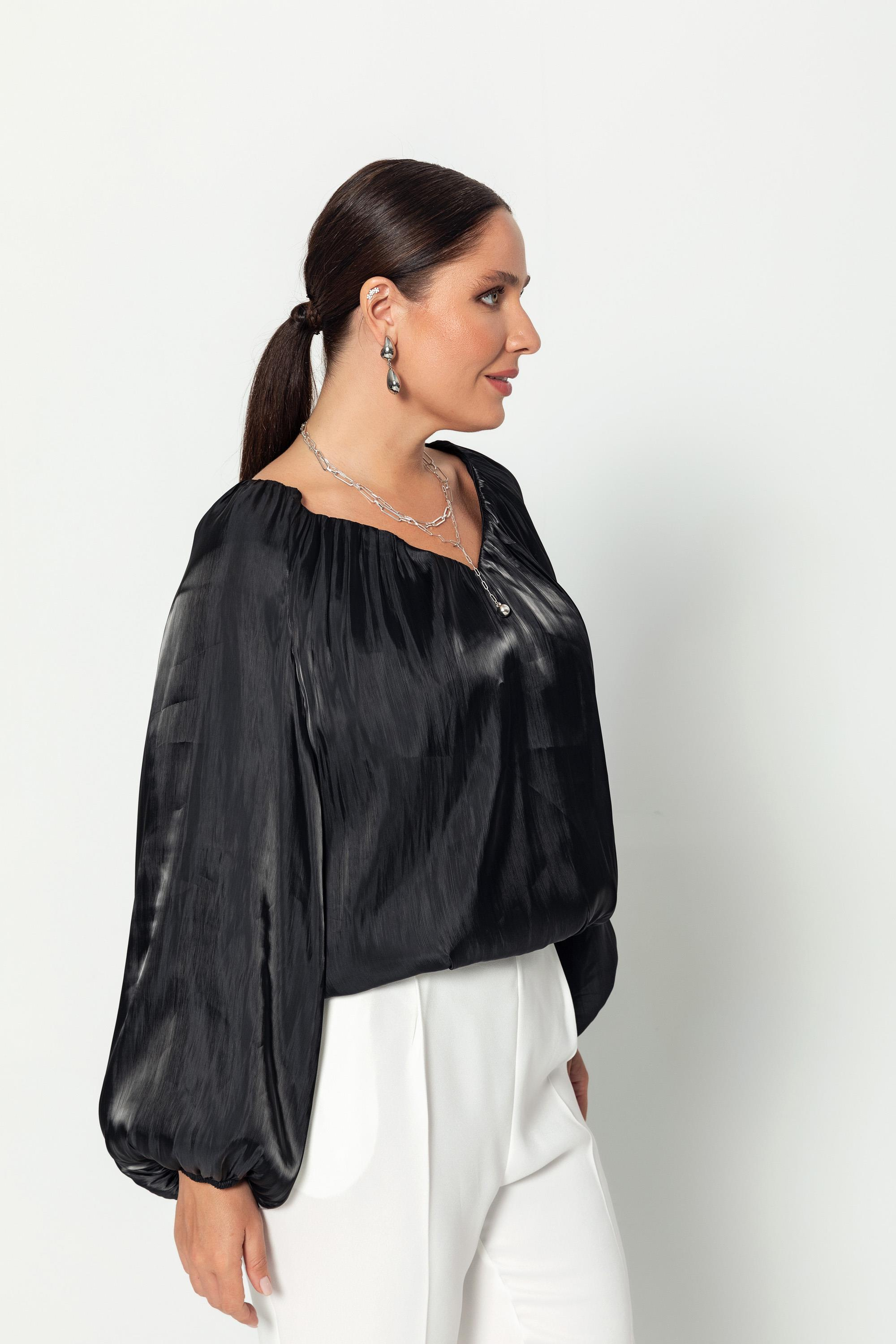 V Yaka  Uzun Kollu Balon Bluz Siyah