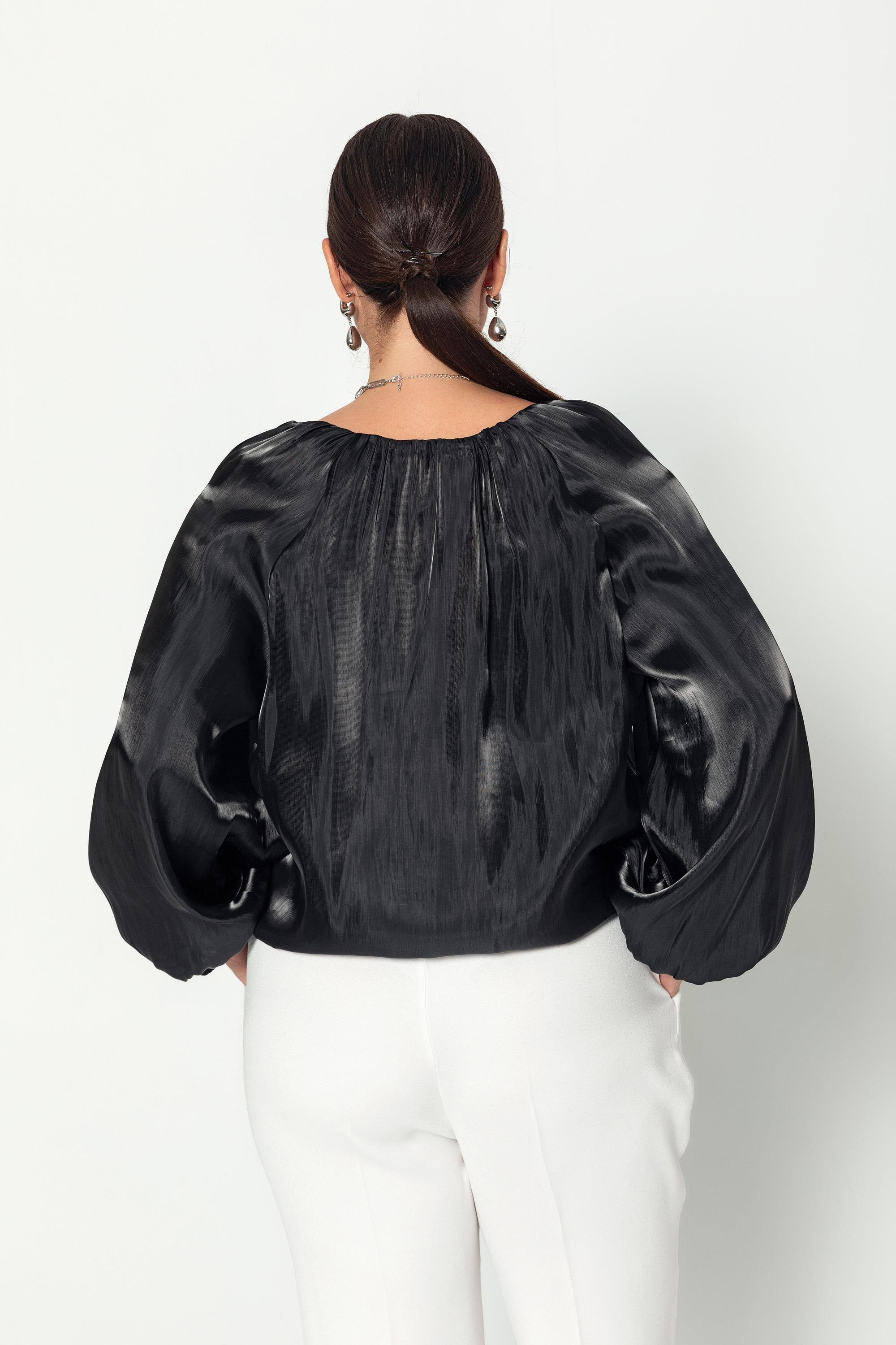 V Yaka  Uzun Kollu Balon Bluz Siyah
